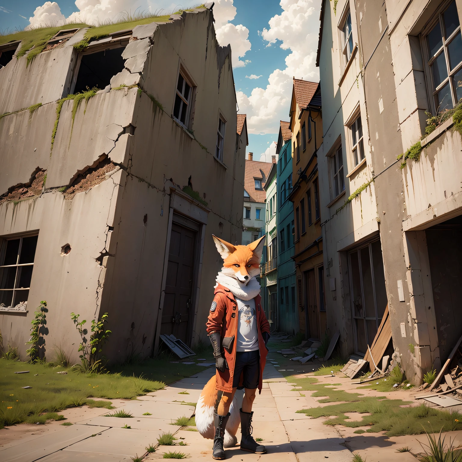 Crie uma imagem em 3D 8K de uma raposa preta corajosa usando um cachecol vermelho em meio a uma paisagem devastada pela guerra. The fox is in a haughty pose, looking out over the horizon as ruins and debris surround the scenery. --auto