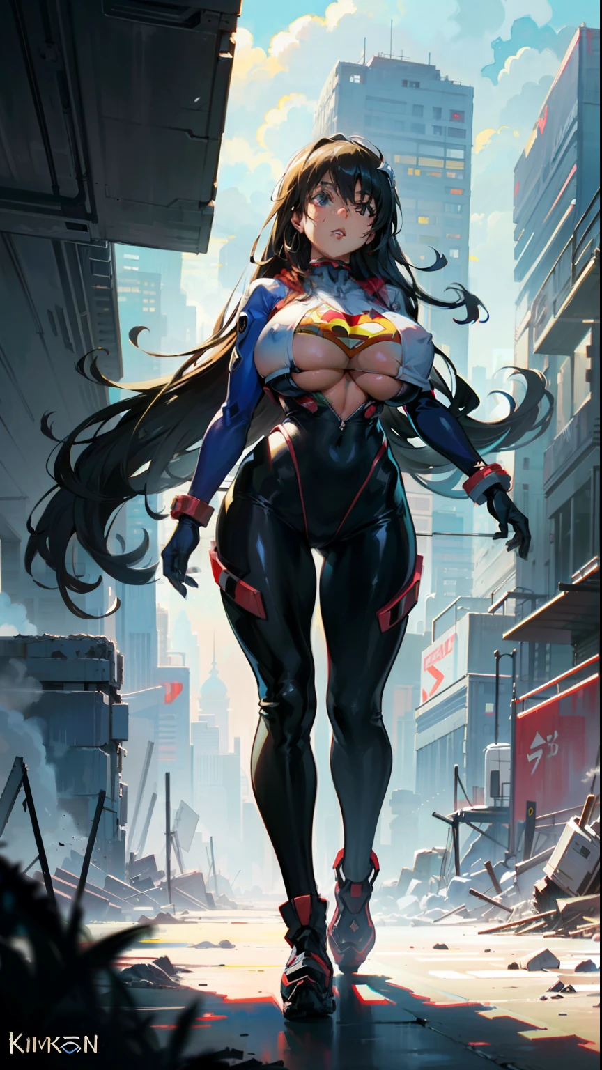 supergirl, pureerosface_v1, sticker of a girl from dc comic, full body, Kim Jung gi, freedom, soul, digital illustration, comic style, cyberpunk, perfect anatomy, centered, approaching perfection, dynamic, highly detailed, watercolor painting, artstation, concept art, smooth, sharp focus, illustration, art by Carne Griffiths and Wadim Kashin ,, (masterpiece, best quality, ultra-detailed, best shadow),, In the style of Neon Genesis Evangelion, you find yourself standing on a desolate, post - apocalyptic wasteland, as the distant ruins of a massive city loom on the horizon. The sky is filled with ominous clouds, as a massive creature towers in the distance, huge breast, gigantic boobs, titsnipples, curvy, thicc
