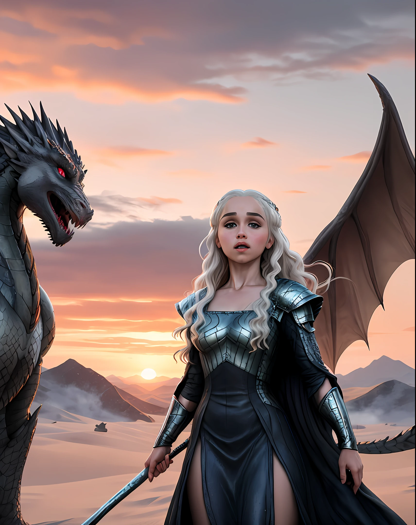 Description: Daenerys Targaryen, the Mother of Dragons, is depicted in an epic and imposing landscape. She stands atop a hill, her long silver hair flowing in the wind. Her violet eyes radiate determination and power. Surrounding her, three immense dragons with shimmering scales soar through the sky, showcasing the strength and connection she shares with these mythical creatures. Daenerys holds a golden crown in her hands, symbolizing her claim to the Iron Throne. She is cloaked in a sky-blue silk robe, adorned with intricate brocades that represent the power and lineage of House Targaryen. As the character gazes into the horizon, one can sense her unwavering determination and the promise of a magnificent future, but also a lingering shadow of uncertainty that accompanies her on her journey to rule the Seven Kingdoms.