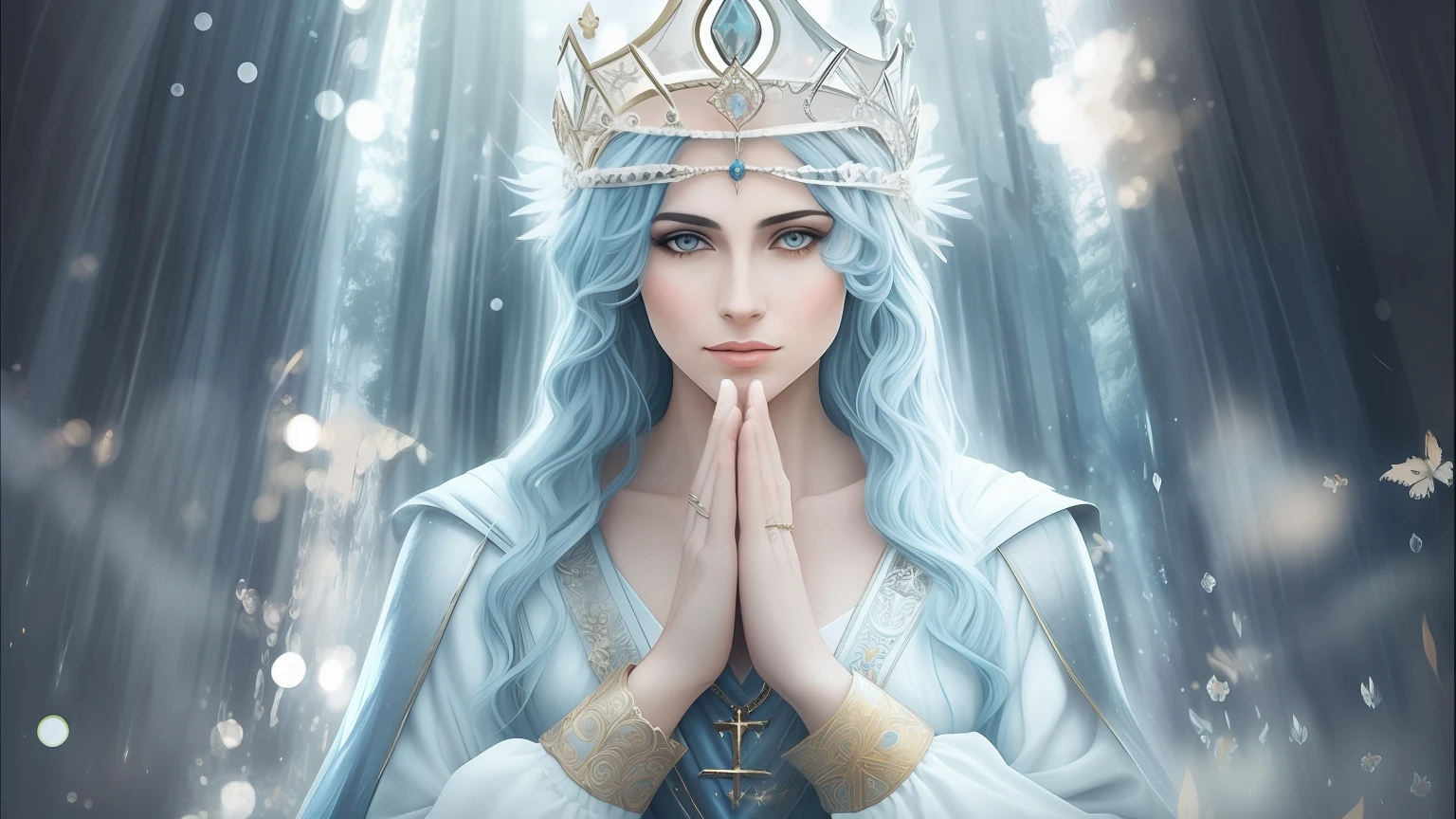 a woman with blue hair and a crown on her head, deusa do inverno, Bruxa Frost Antiga Bonita, ethereal beauty, Fae Sacerdotisa, Ethereal Fantasy, deusa. Detalhes extremamente altos, Rainha do Inverno, rainha do gelo, Sacerdotisa elfa, Um retrato impressionante de uma deusa, ((uma bela imperatriz fantasia)), Deusa da sabedoria, A Alta Sacerdotisa --auto