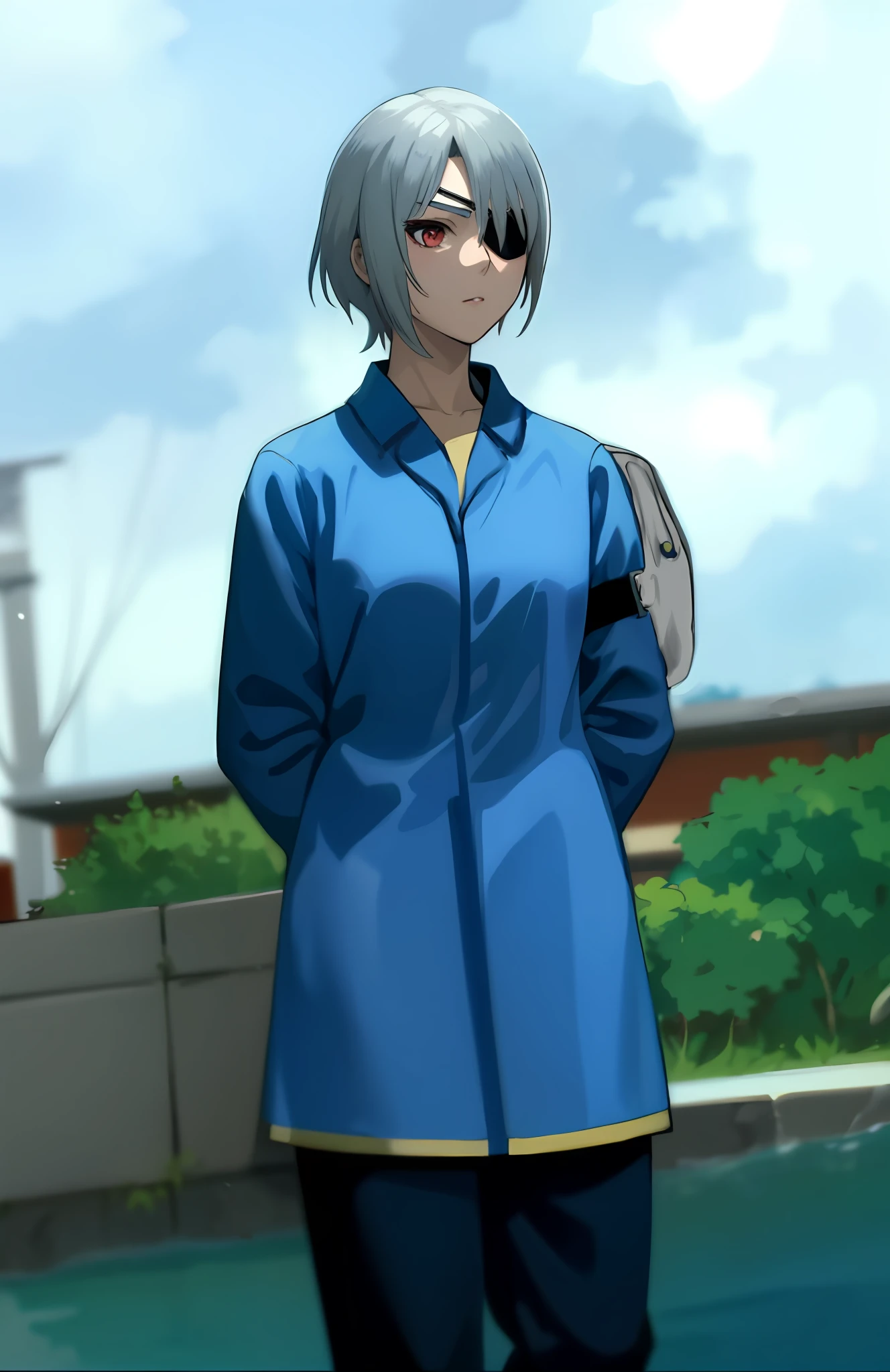 Female (Fujin), silver hair, red eyes, A close-up of a person in a game, Fubuki, Ando Tadao, he has dark grey hairs, Masamune Shiro, En tant que personnage dans Tekken, eyepatch, thancred waters, de virtua figther, Jin Kagetsu, Yuuki Hagure, Tetsuya Nomura, Taumi Fujiwara, inspired by Leng Mei, inspired by Yamagata Hiro, semi realistic anime, Masamune Shiro, inspired by Hisui Sugiura, Personnage de King of Fighters, Tsukasa Hojo, Yuuki Hagure, Shiro Takatani, Taumi Fujiwara . (Masterpiece : 1,8), 64k quality, final fantasy artwork concept, detailed manga eyes, detailed hair, detailed clothes, detailed body, cleaner designs, detailed face pronounced, shiny objects like jewels, see creases on clothes, more coherent clothing, more rounded eyes transparent liquid globular, more colors, more coherent clothing , correct the features of the clothes, better eyes contour, better shoulders, really colorful, coarser line, black line, finishing . (coarser line) (black line) (homogeneous rendering: 1.3)