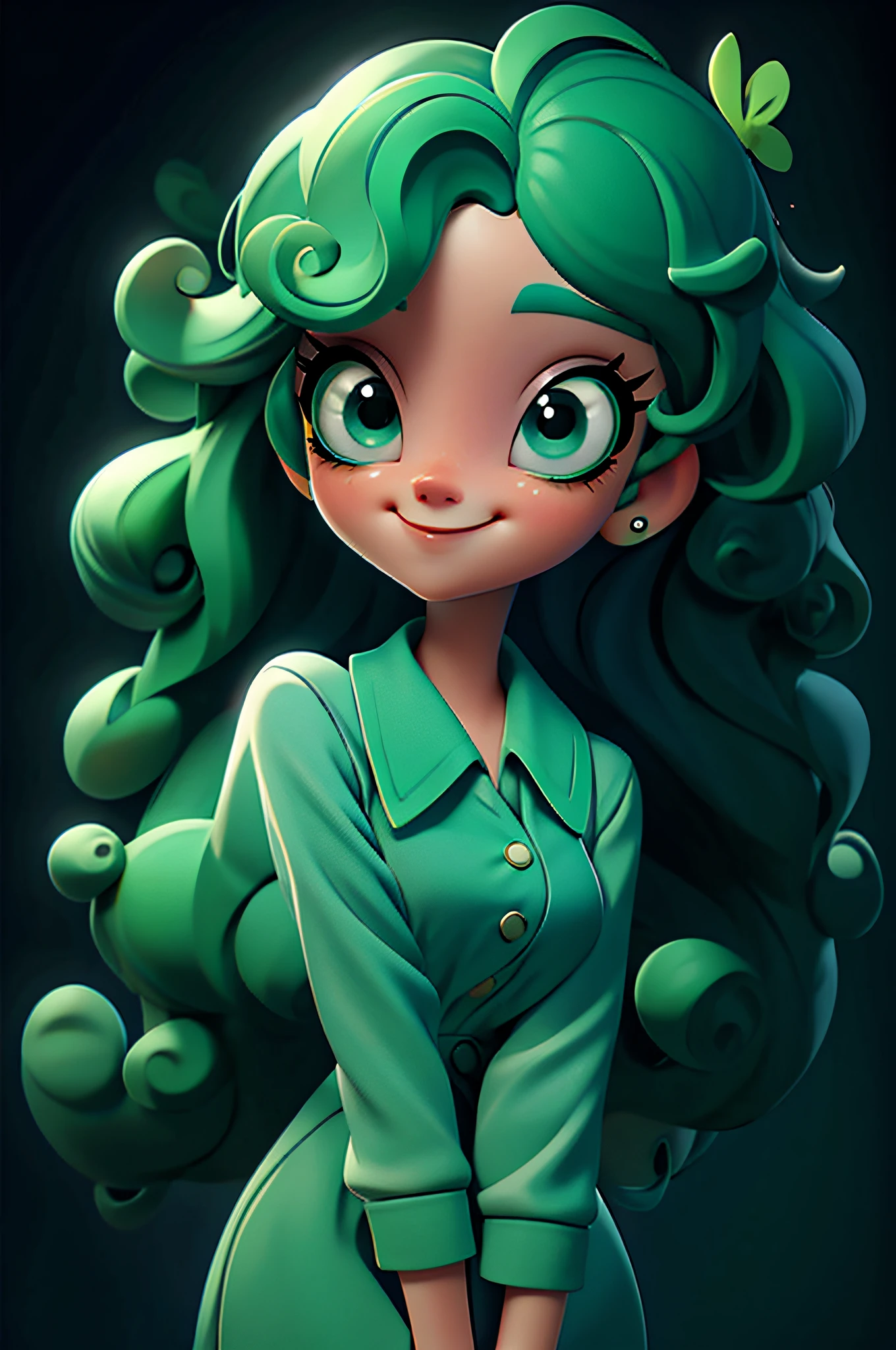 A cute girl with curly hair, wear berets, solid round eyes, long eyelashes, green hair, smile, open mouth, light blush, blue sky, blind box toy style, pixar, masterpiece, high quality, high detail, 8K