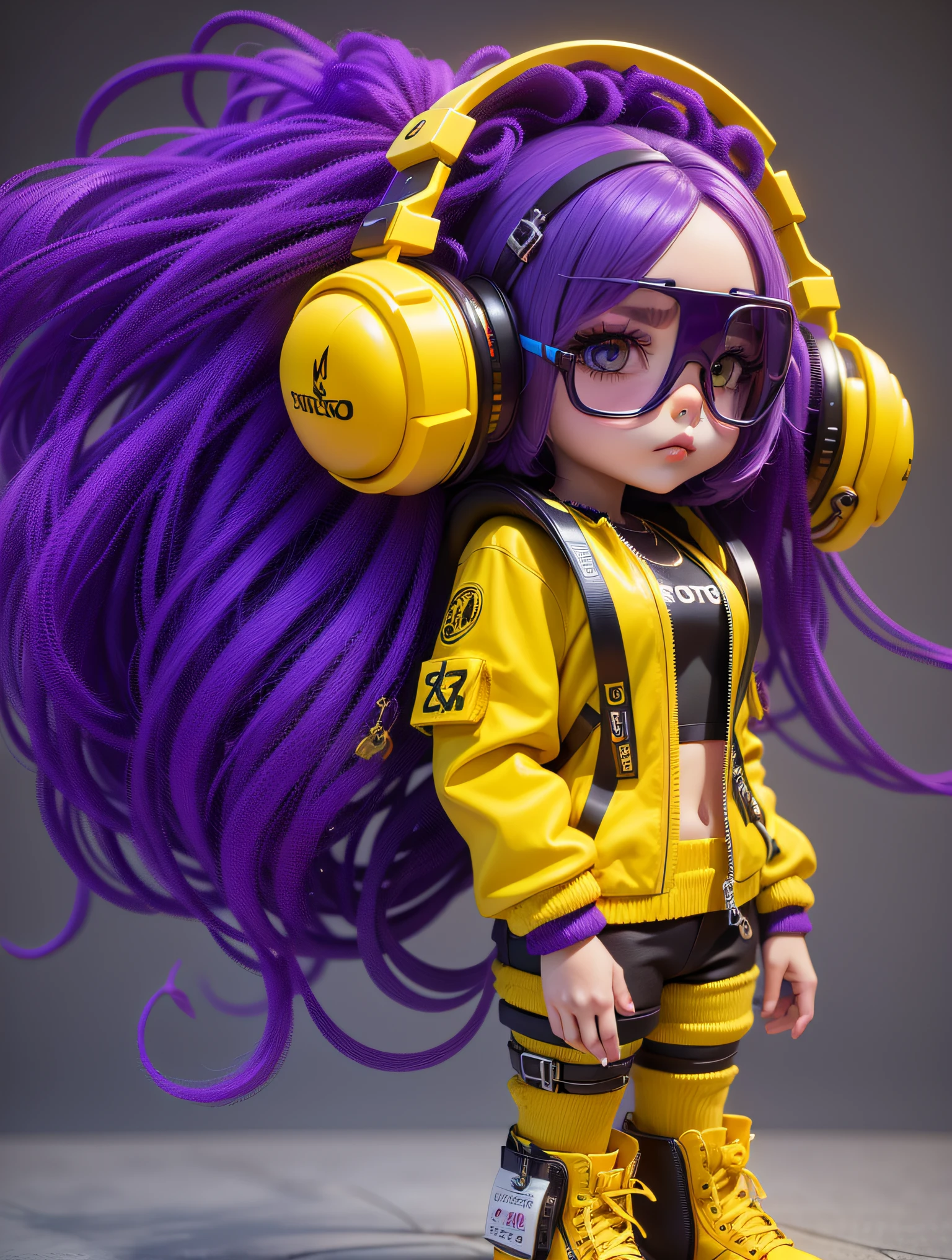 Girl with stunning 3D resolution 12K character in style [Hip Hop],  grandes, Topo Amarelo, cabelo roxo longo, chibi em detalhes (corpo inteiro), altamente detalhado, brilhante, ultra alta qualidade, hiper-realismo, Rendering, [octan render]. --auto