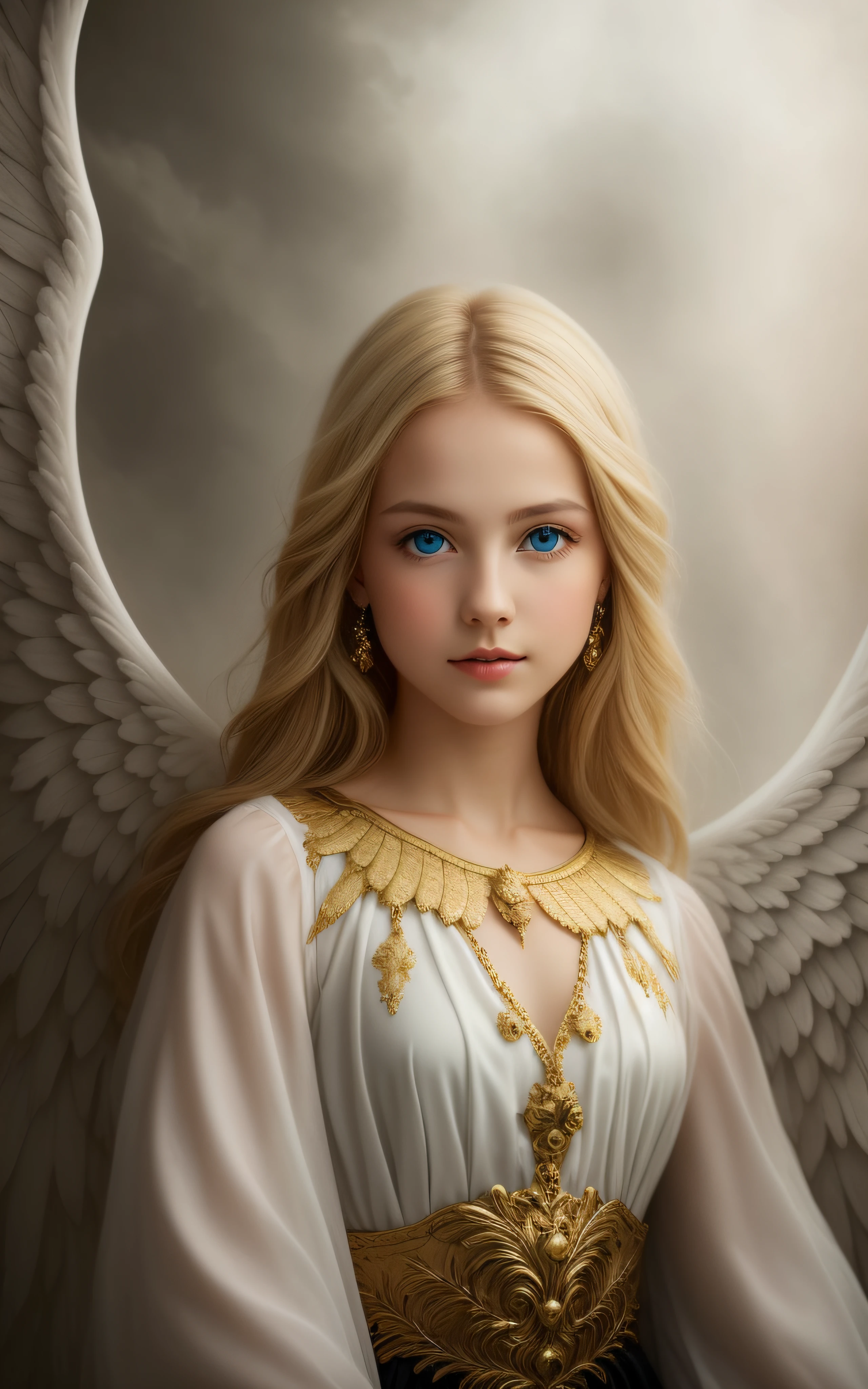 blond angel with blue eyes and golden wings in a white dress, portrait of a beautiful angel, beautiful angel girl portrait, beautiful angel, beautiful female angel, of an beautiful angel girl, of beautiful angel, angel girl, angelic face, girl with angel wings, a stunning young ethereal figure, beautiful fantasy art portrait, finely detailed angelic face, beautiful angelic wings