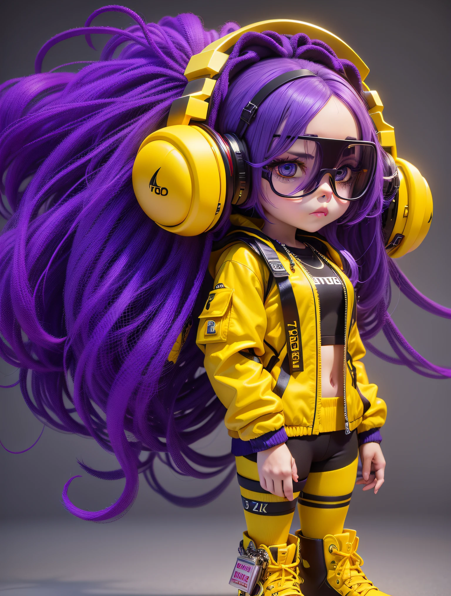 Girl with stunning 3D resolution 12K character in style [Hip Hop], seios grandes, Topo Amarelo, cabelo roxo longo, chibi em detalhes (corpo inteiro), altamente detalhado, brilhante, ultra alta qualidade, hiper-realismo, Rendering, [octan render]. --auto