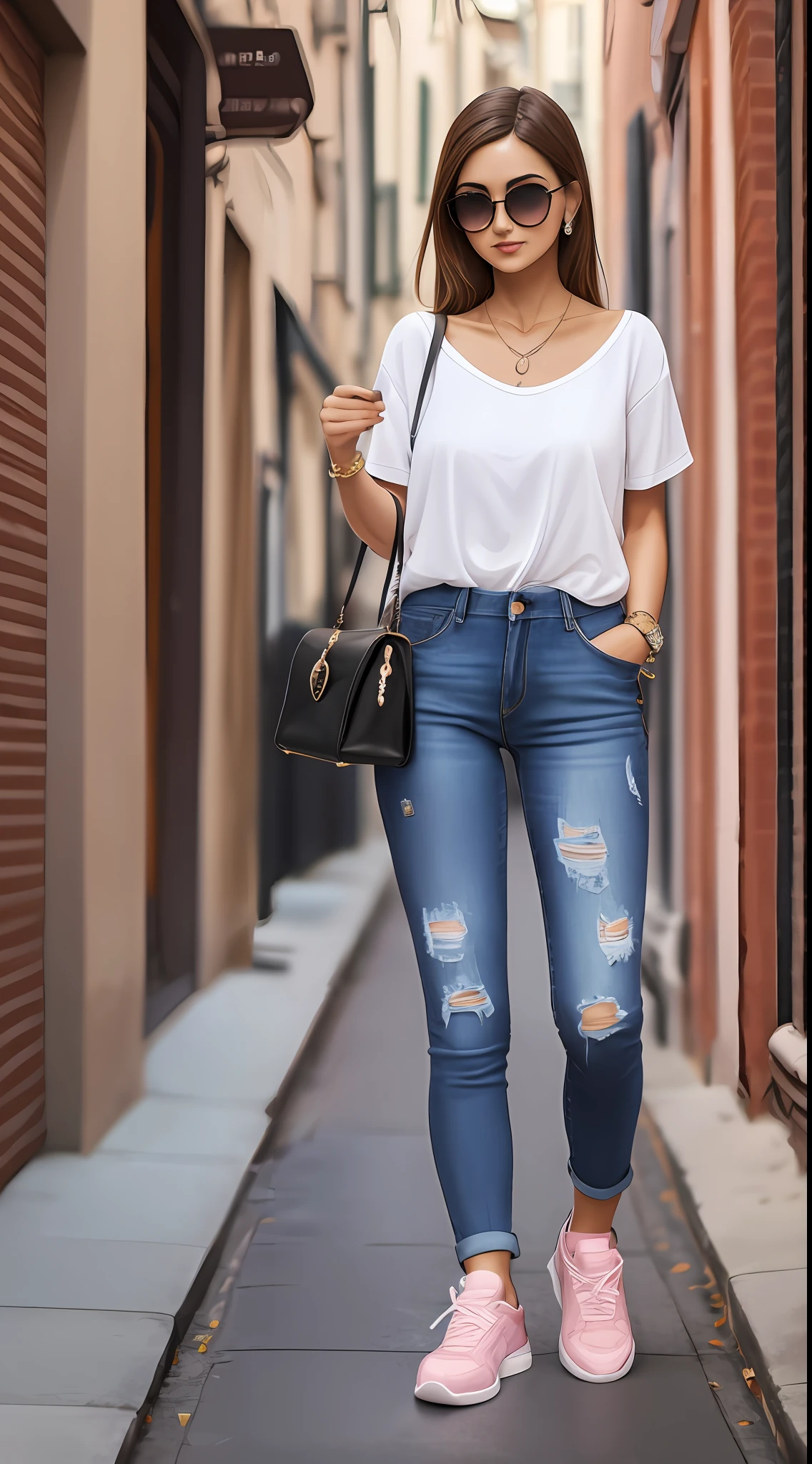Mulher, garota, roupa jeans, roupas caras e modernas, na moda, Pink and white sneakers, de fone de ouvidos, fundo da imagem cinza