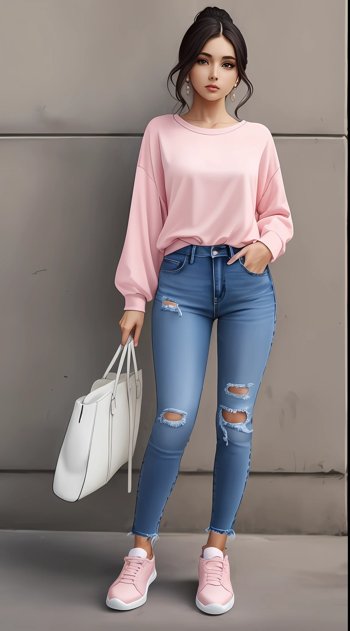 Mulher, garota, roupa jeans, roupas caras e modernas, na moda, Pink and white sneakers, de fone de ouvidos, fundo da imagem cinza