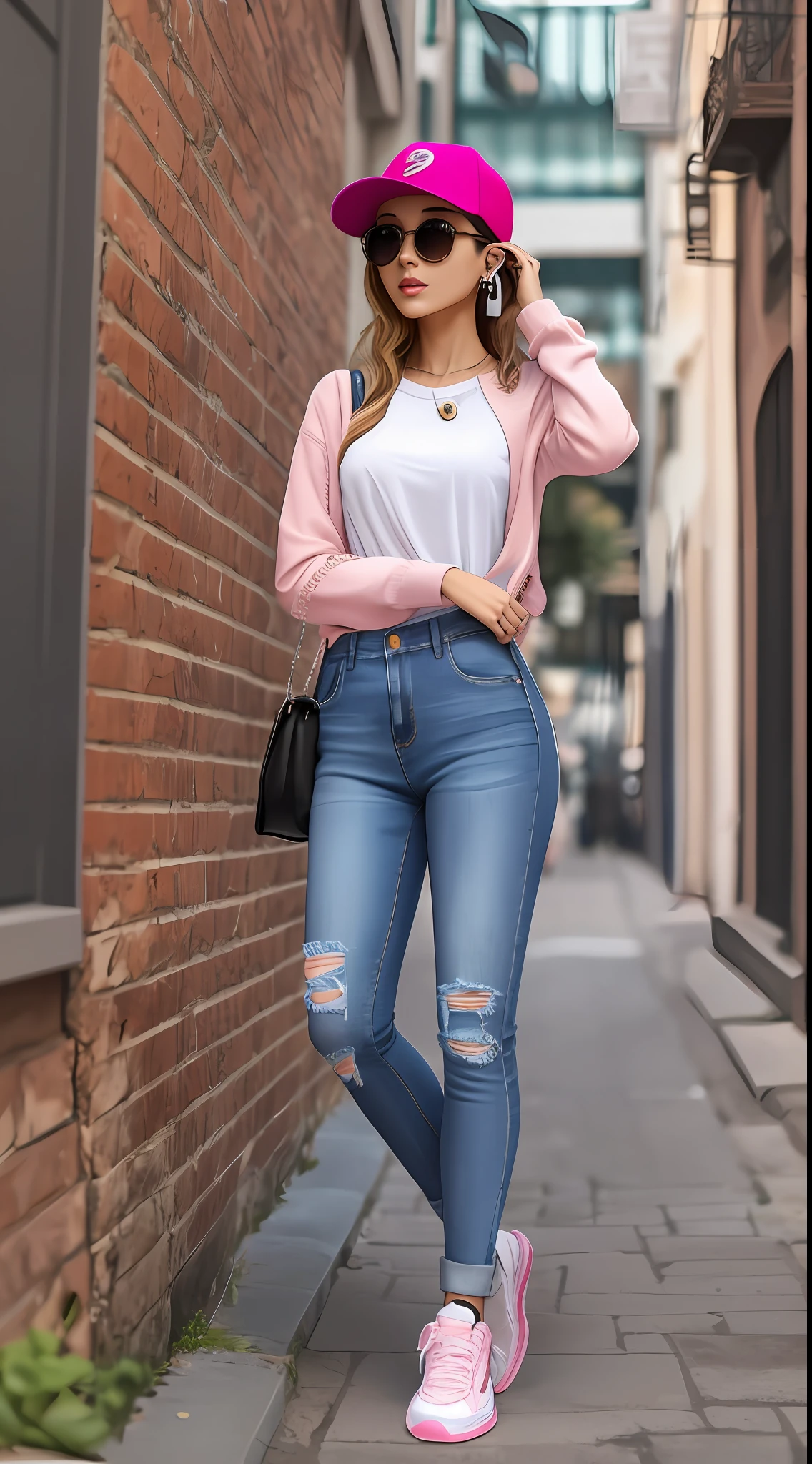 Mulher, garota, roupa jeans, roupas caras e modernas, na moda, Pink and white sneakers, de fone de ouvidos, fundo da imagem cinza