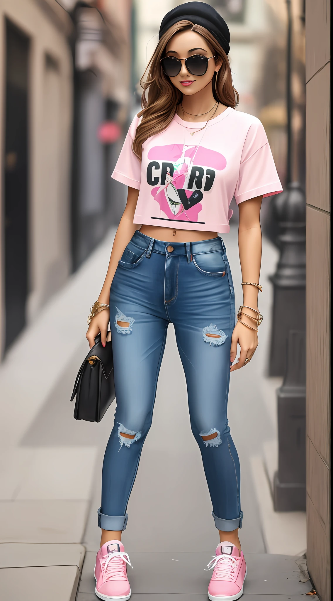Mulher, garota, roupa jeans e couro, roupas caras e modernas, na moda, Pink and white sneakers, de fone de ouvidos, fundo da imagem cinza