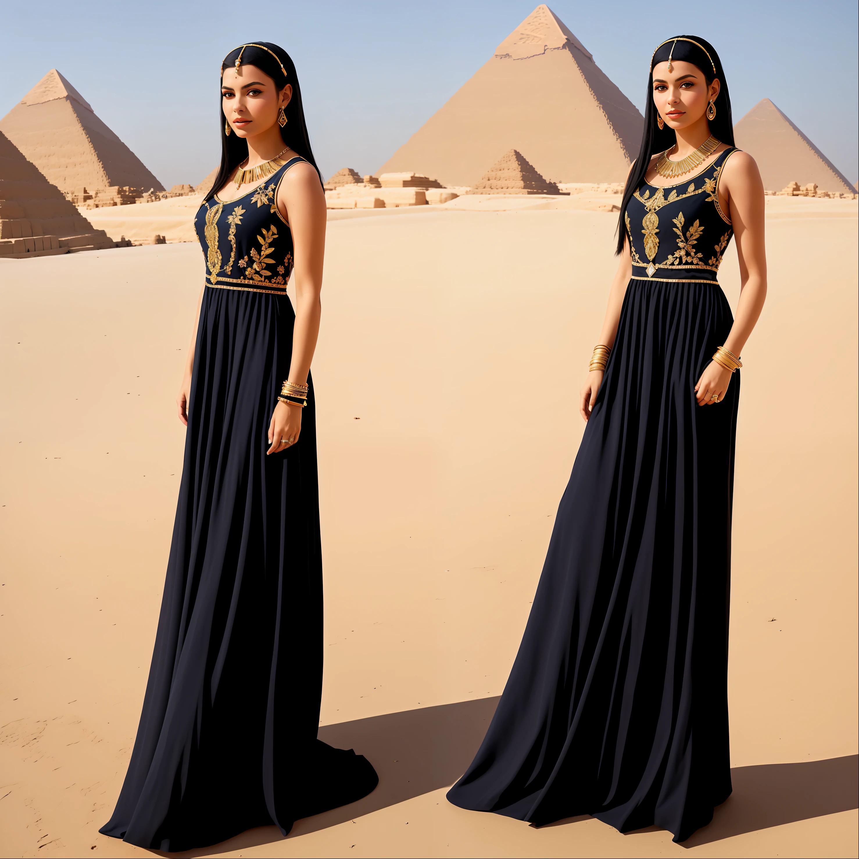 Cleopatra in a long dress richly embroidered in precious stones and in the background the Nile River and the pyramids of Giza