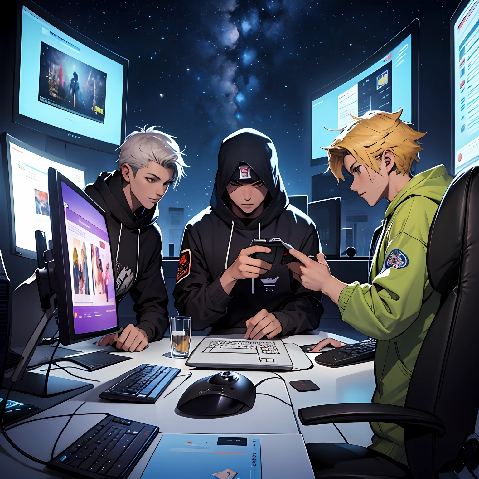 3 ninjas mexendo no computador, criando site, em uma mesa na lua, com cadeira gamer, starry ceú and with meteóros, ninjas estilosos --auto