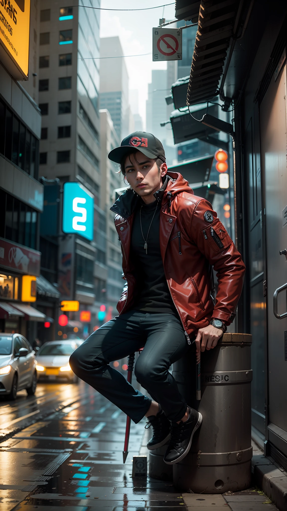 Guy in jacket sitting on a cyberpunk stick in the city in winter