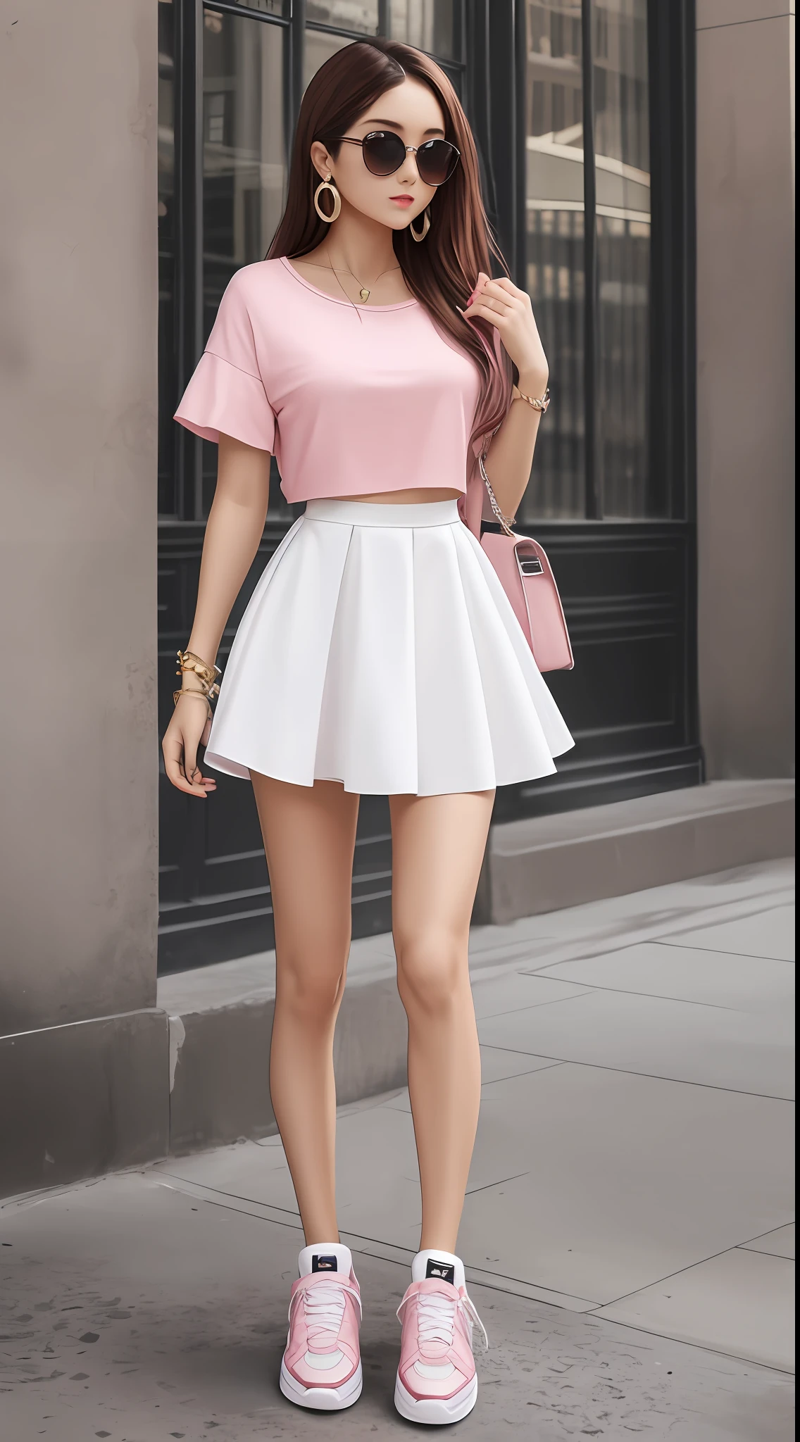 Mulher, garota, roupa de couro, roupas caras e modernas, na moda, Pink and white sneakers, de fone de ouvidos, fundo da imagem cinza