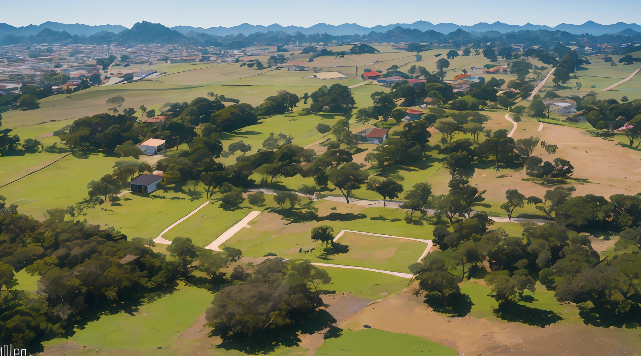 um retrato de um vilarejo, View from above, rodeado por vastos campos, exuberantes,  8k, ultra realista, foto raw, alta resolução, qualidade de cinema --auto