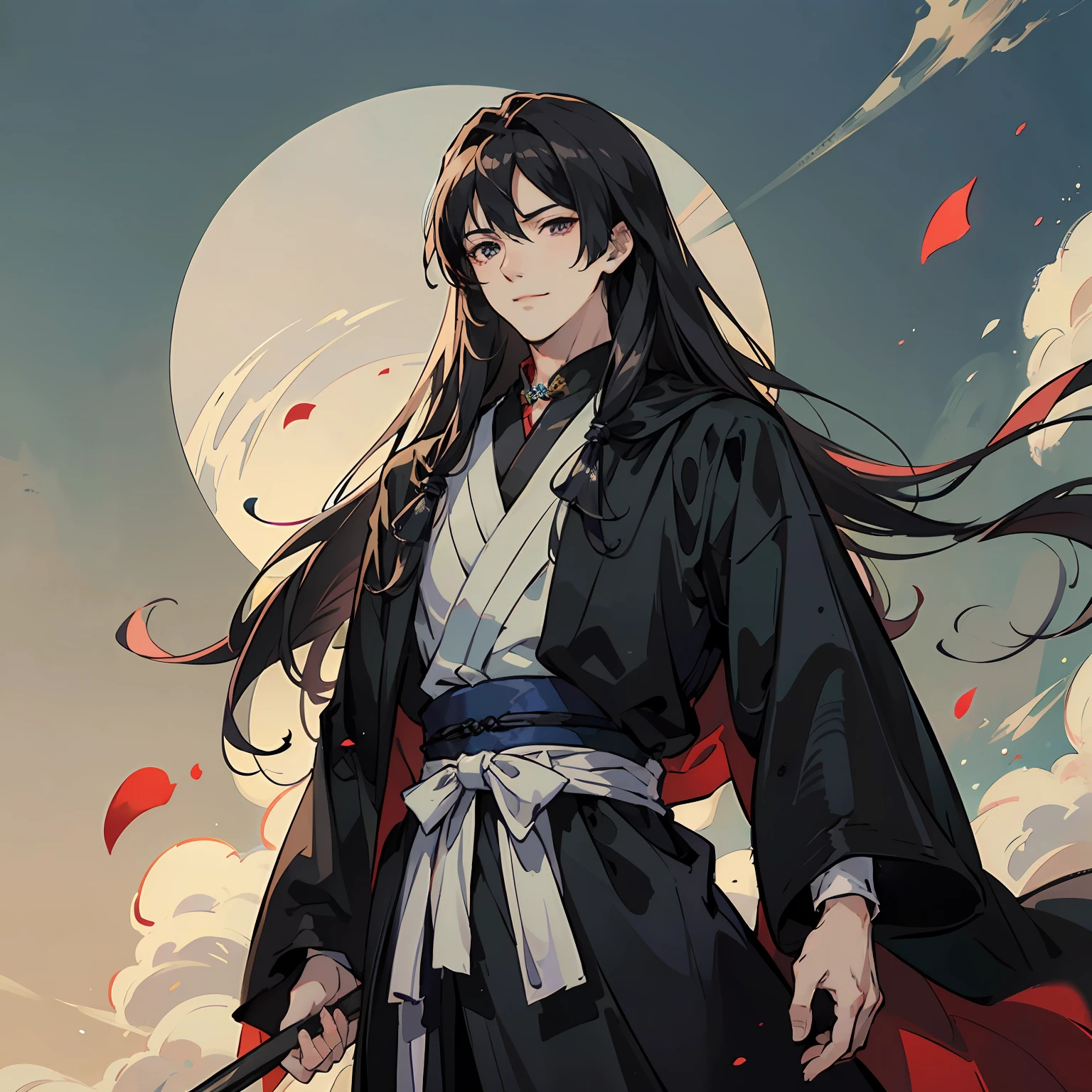 (Long-haired black-robed male character*1.1),Portrait of character,Upper body body,(Anime handsome man+full body wuxia:0.8),(Handsome anime pose+ssmile),Xianxia background,Ancient wind,Hold an open fan