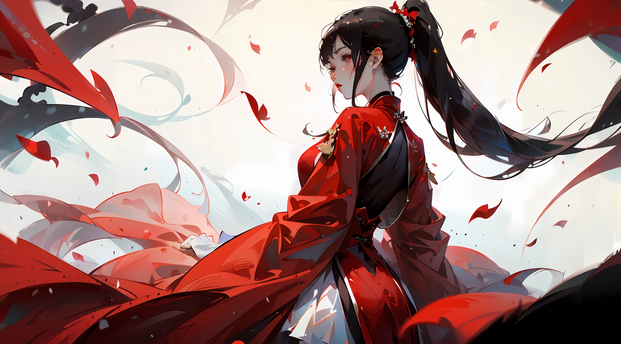 China-style，Women in red，Warrior dress-up，（（Back Shadow）），（Face away from the camera）Red robe，NOWAI，A large number of pure white petals fell，black har，High ponytail，