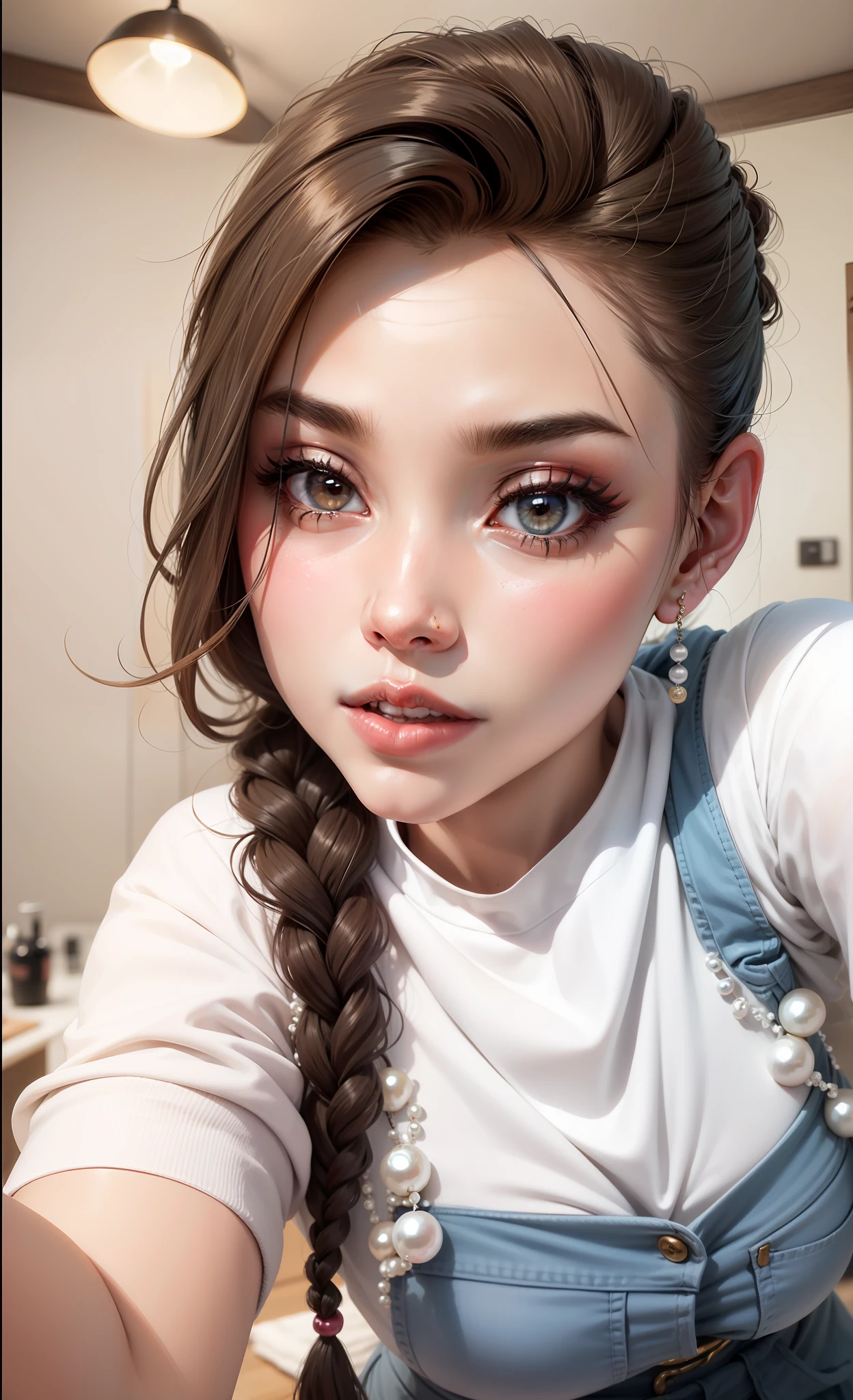 Labios vermelhos, pearls adereçando k hair, orelhas de elficas bem pontudas, olhos asiaticos cor de mel, rosto mais ovalado delicado