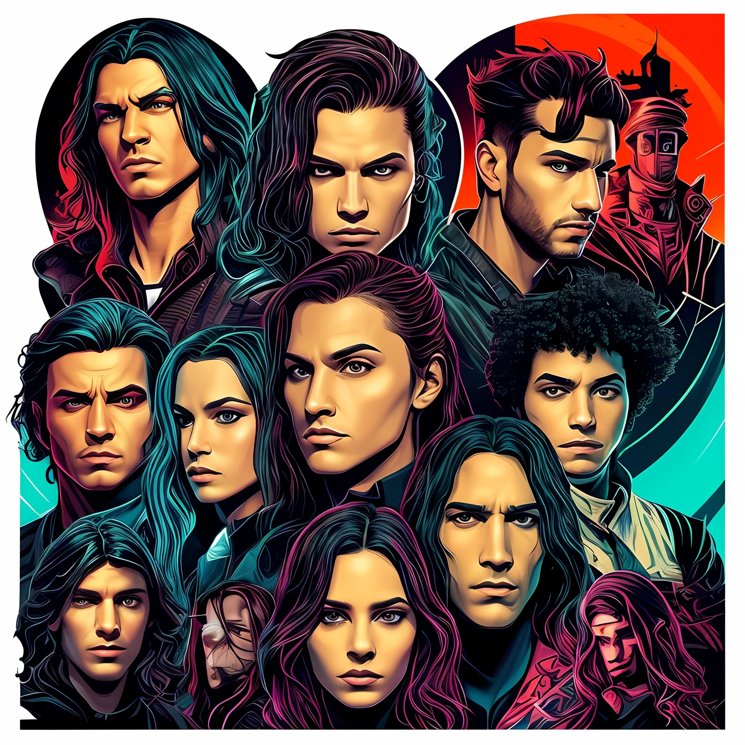 arte para camiseta, 2D, ((fundo preto :1, 5)), vetor, cores vivas, personagem da roupa cyberpunk, obra-prima, melhor qualidade, detalhes intrincados, perfect symmetrical face, detalhes realistas, gothic theme, luz da borda, luar, cinematic shading, Greg Rutkowisk