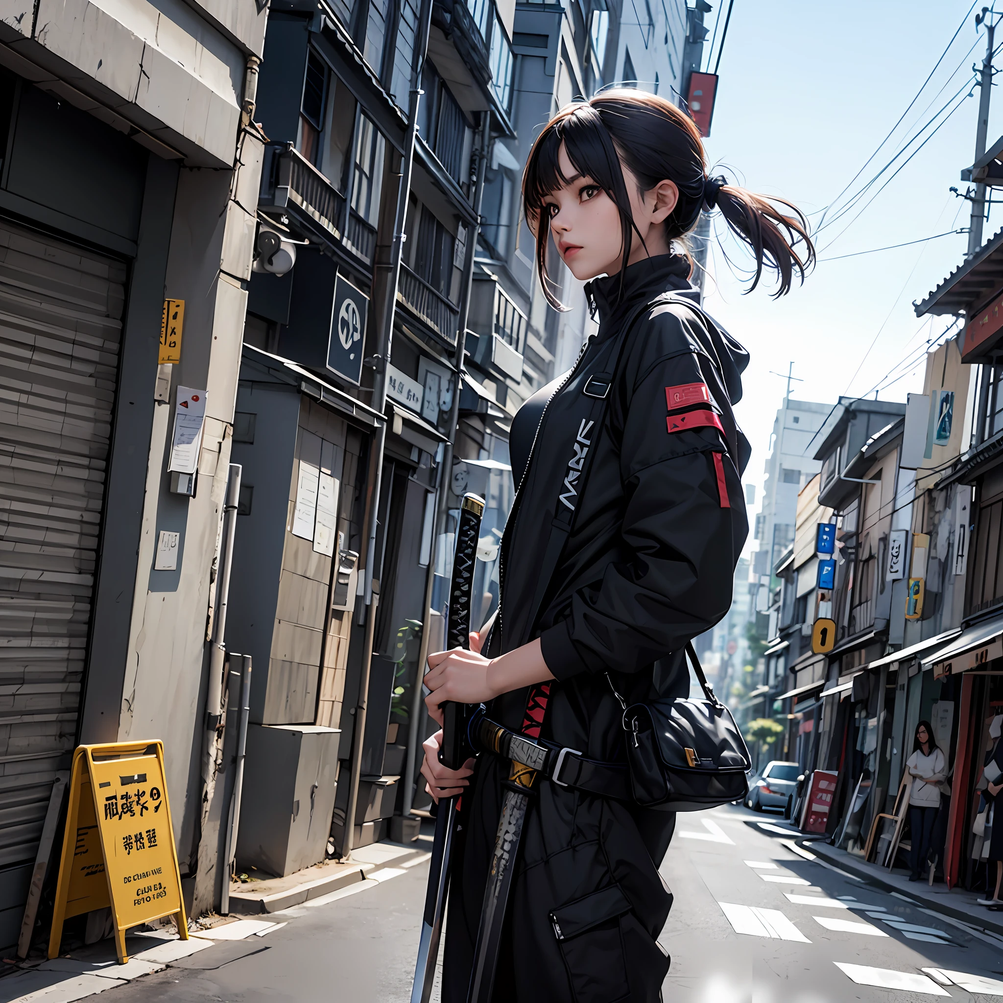 melhor qualidade, high_resolution, , techwear,rua Tokyo,katana , escrita na katana,fundo detalhado --auto