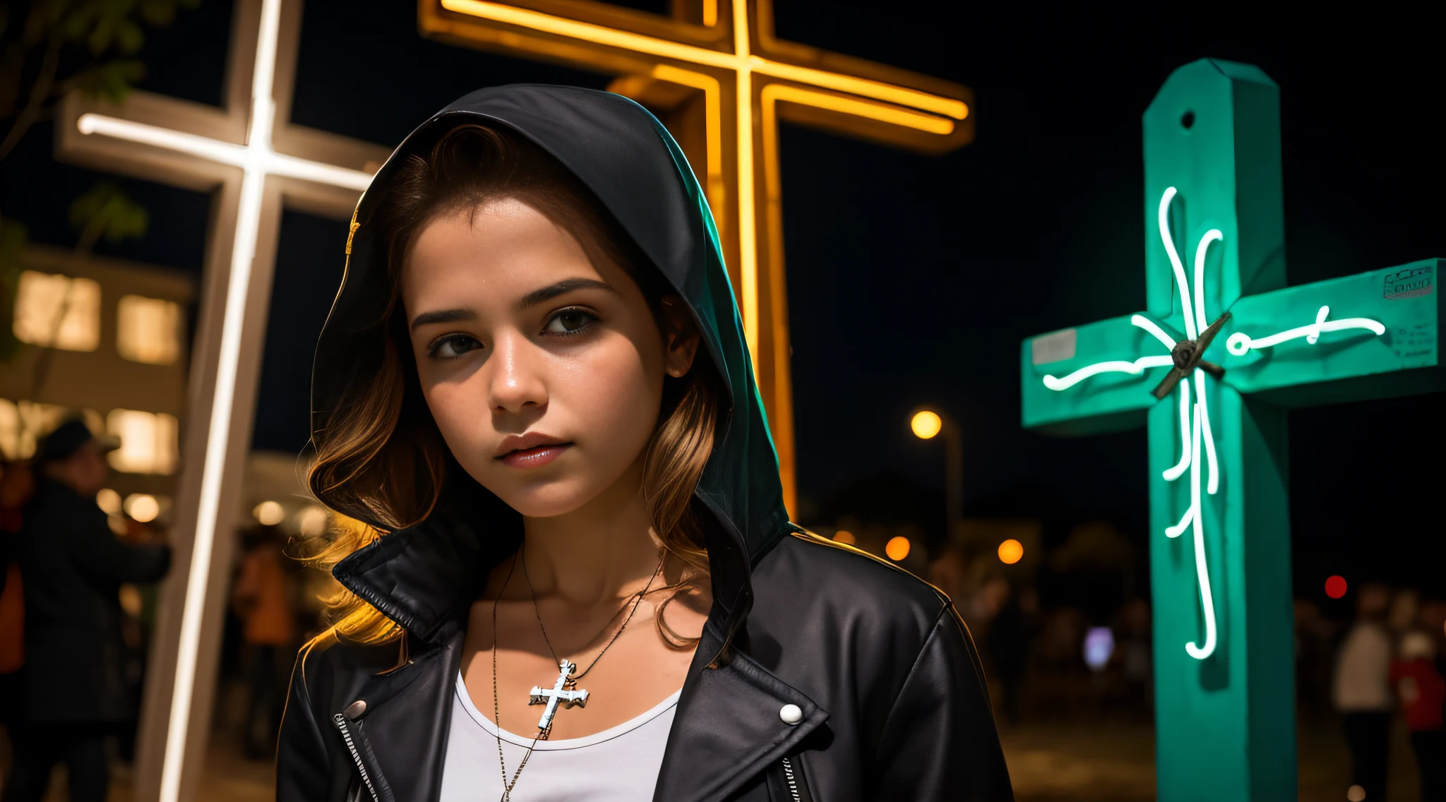 MENINA LOIRA 10 ANOS, jaqueta de couro preta, cabelos LOIROS muito longos, , uma cruz , retrato, foto de zoom detalhada, Crucifixo, Cruzes, cruz, neon cross.