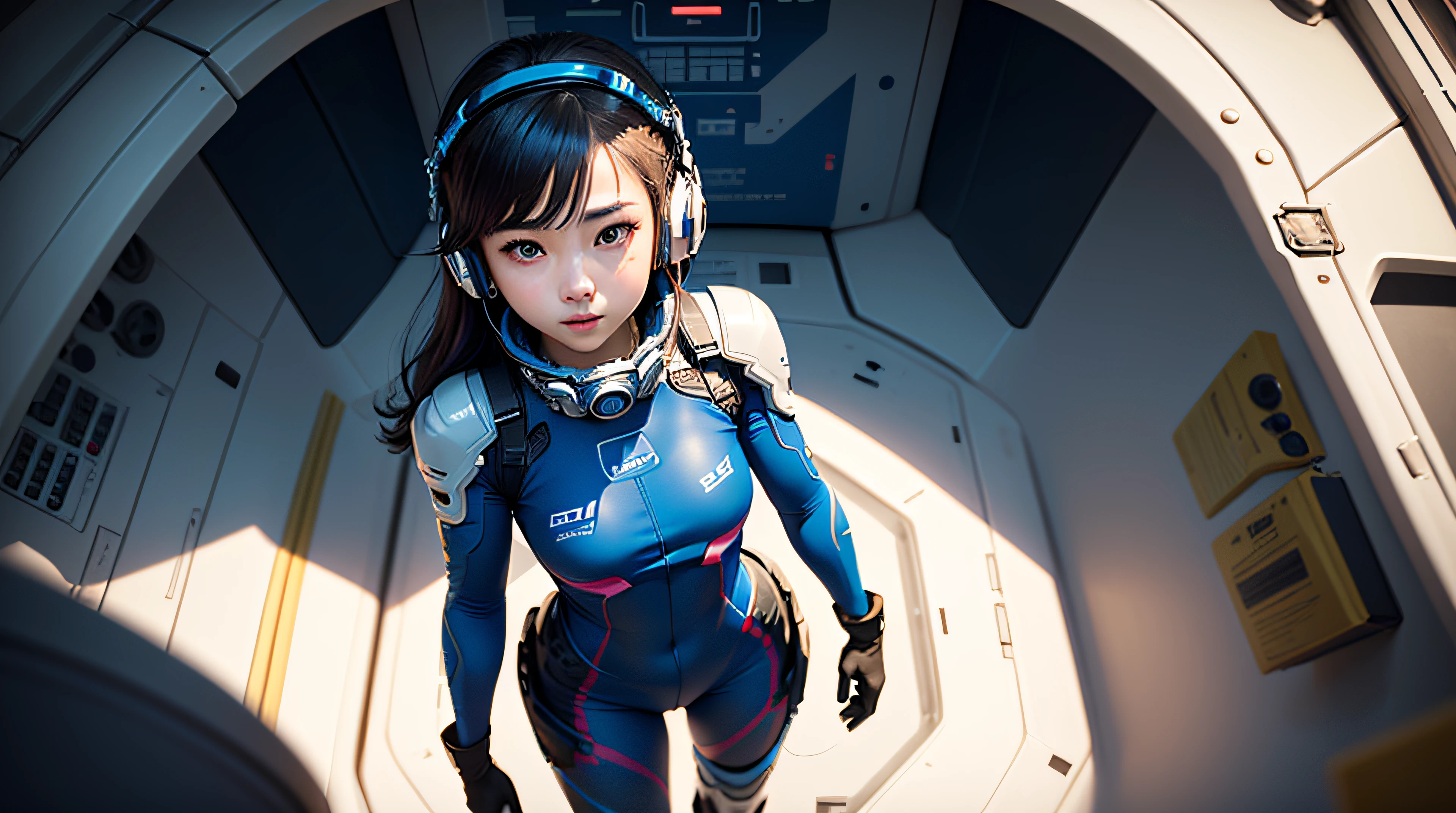 (шедевр、beste-Qualit、Top resolution、Distinct_image、Detailed details、Angle from above、Up): (独奏、Lone Girl、Japan Faces、short-cut、Brown-haired girl、(the perfect body:1.4)、Glittering blue colored eyes、Pilot suit in white and blue colors、Tight Fit Clothing、Clothing that covers the whole body、extremely delicate and beautiful、detailed skins、Slim body、exoskeleton、Gentle smile、Soft look、heroine、headset on head、long boots、gloves、eye level shot)、(Inside the spacecraft、Fighter cockpit、Control stick)