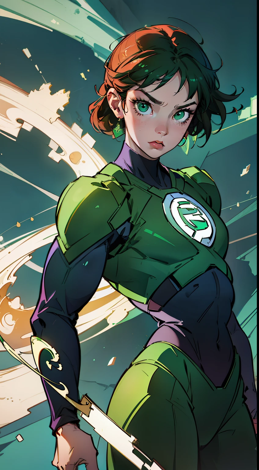An epic masterpiece of the Green Lantern Corps, rendered in ultra-detailed CG and best quality imagery. Featuring the iconic emerald light, beautiful luminosity, and dynamic pose of the Green Lantern, set against a dark and intense background. The scene captures the heroic essence of the Green Lantern, as he stands resolute against the dangers of the universe.