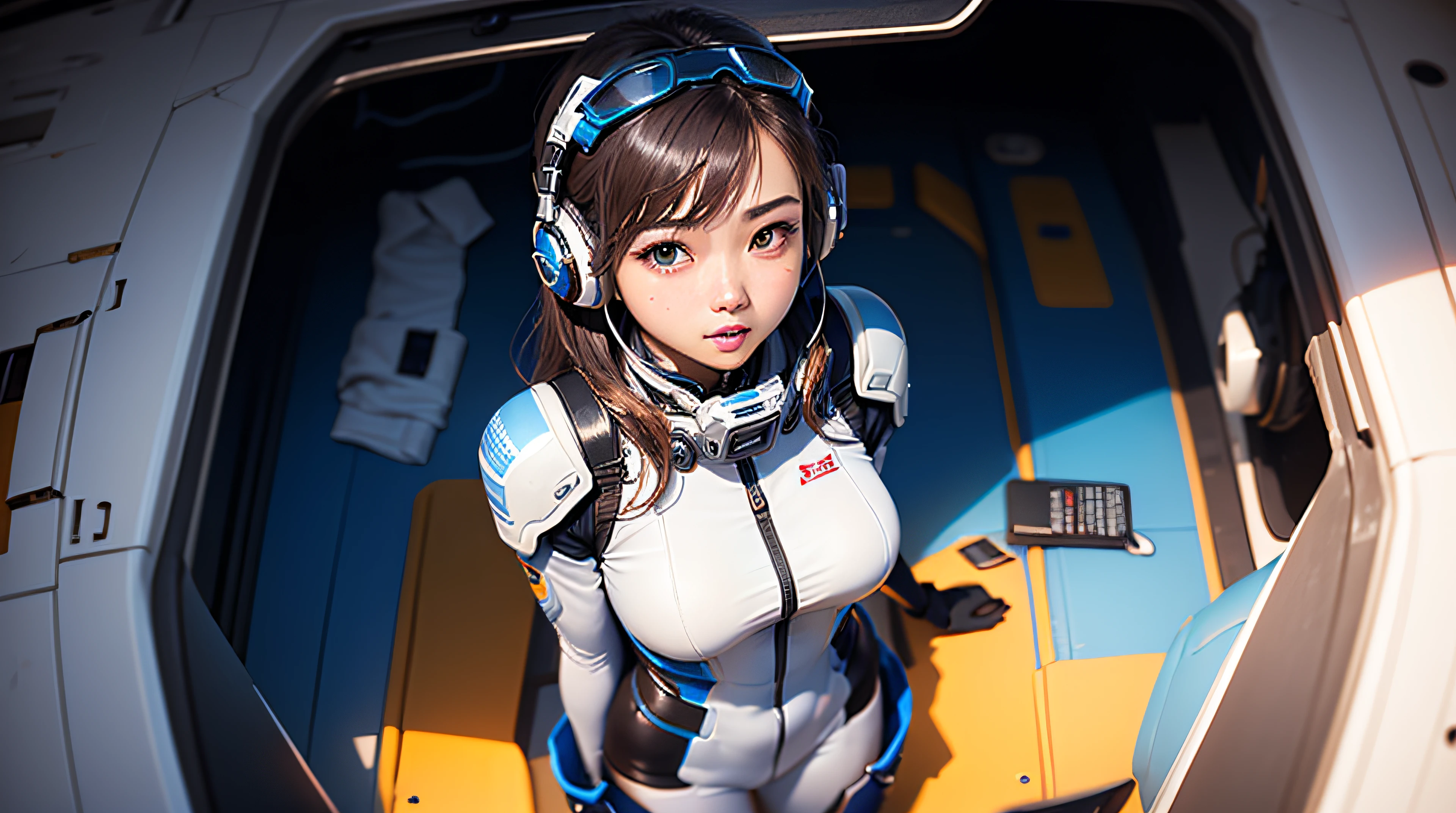 (шедевр、beste-Qualit、Top resolution、Distinct_image、Detailed details、Angle from above、Up): (独奏、Lone Girl、Japan Faces、short-cut、Brown-haired girl、(the perfect body:1.4)、Glittering blue colored eyes、Pilot suit in white and blue colors、Tight Fit Clothing、Clothing that covers the whole body、extremely delicate and beautiful、detailed skins、Slim body、exoskeleton、Gentle smile、Soft look、heroine、headset on head、long boots、gloves、eye level shot)、(Inside the spacecraft、Fighter cockpit、Control stick)