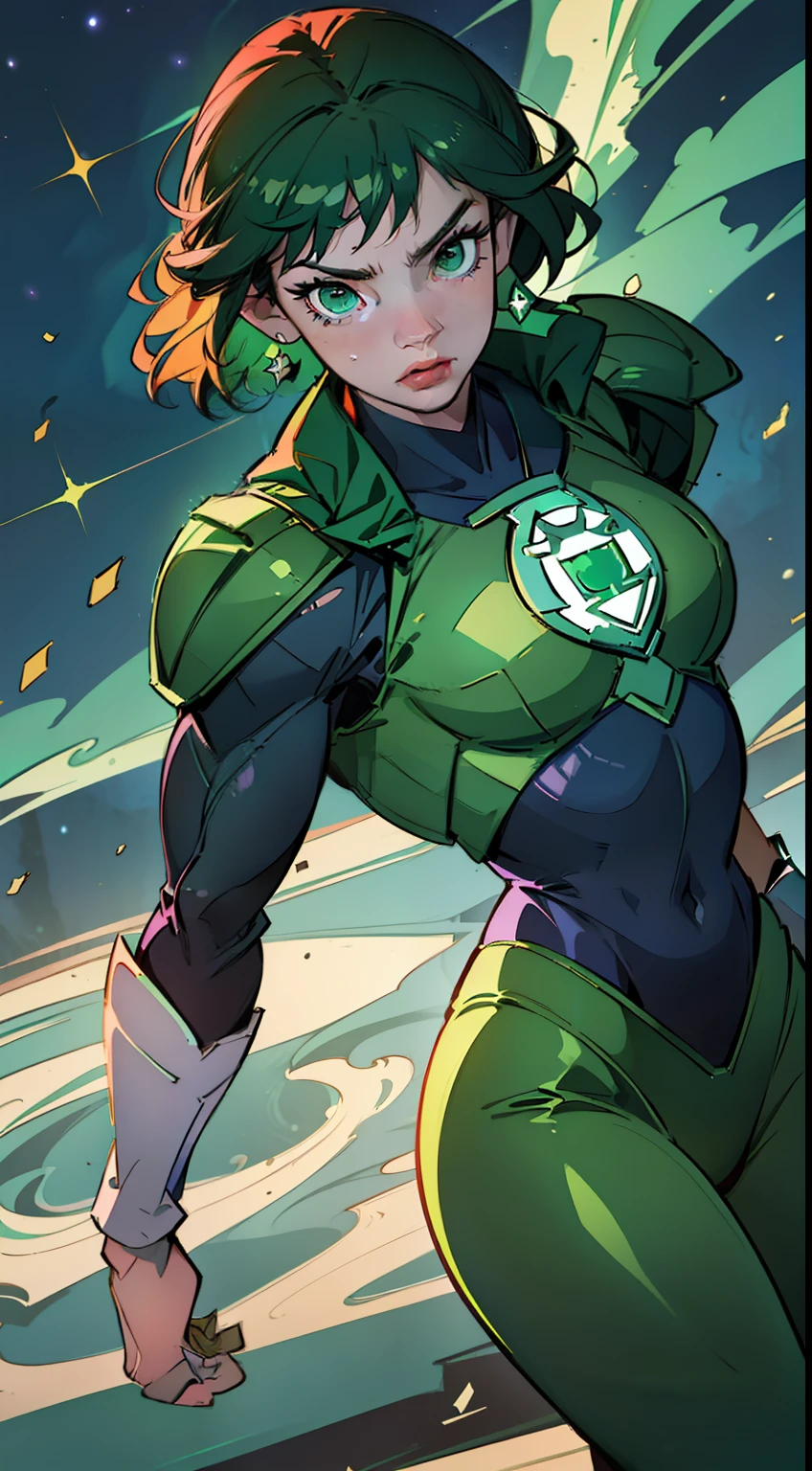 An epic masterpiece of the Green Lantern Corps, rendered in ultra-detailed CG and best quality imagery. Featuring the iconic emerald light, beautiful luminosity, and dynamic pose of the Green Lantern, set against a dark and intense background. The scene captures the heroic essence of the Green Lantern, as he stands resolute against the dangers of the universe.
