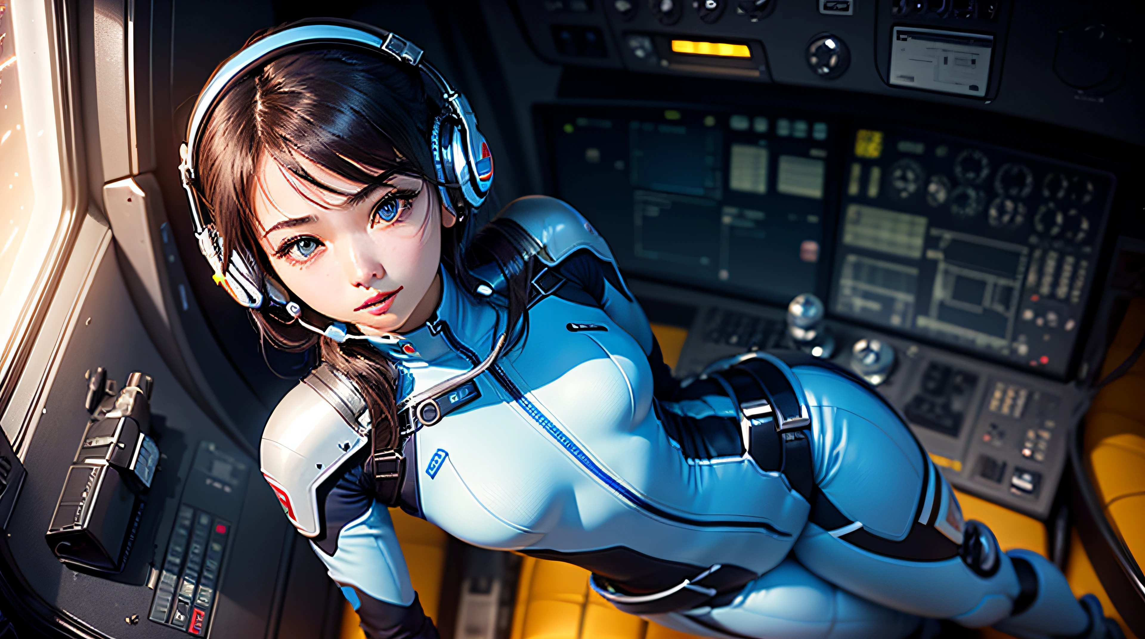 (шедевр、beste-Qualit、Top resolution、Distinct_image、Detailed details、Angle from above、Up): (独奏、Lone Girl、Japan Faces、short-cut、Brown-haired girl、（the perfect body：1.4）、Glittering blue colored eyes、Pilot suit in white and blue colors、Tight Fit Clothing、Clothing that covers the whole body、extremely delicate and beautiful、detailed skins、Slim body、exoskeleton、Gentle smile、Soft look、heroine、headset on head、long boots、gloves、eye level shot)、（Inside the spacecraft、Fighter cockpit、Control stick）