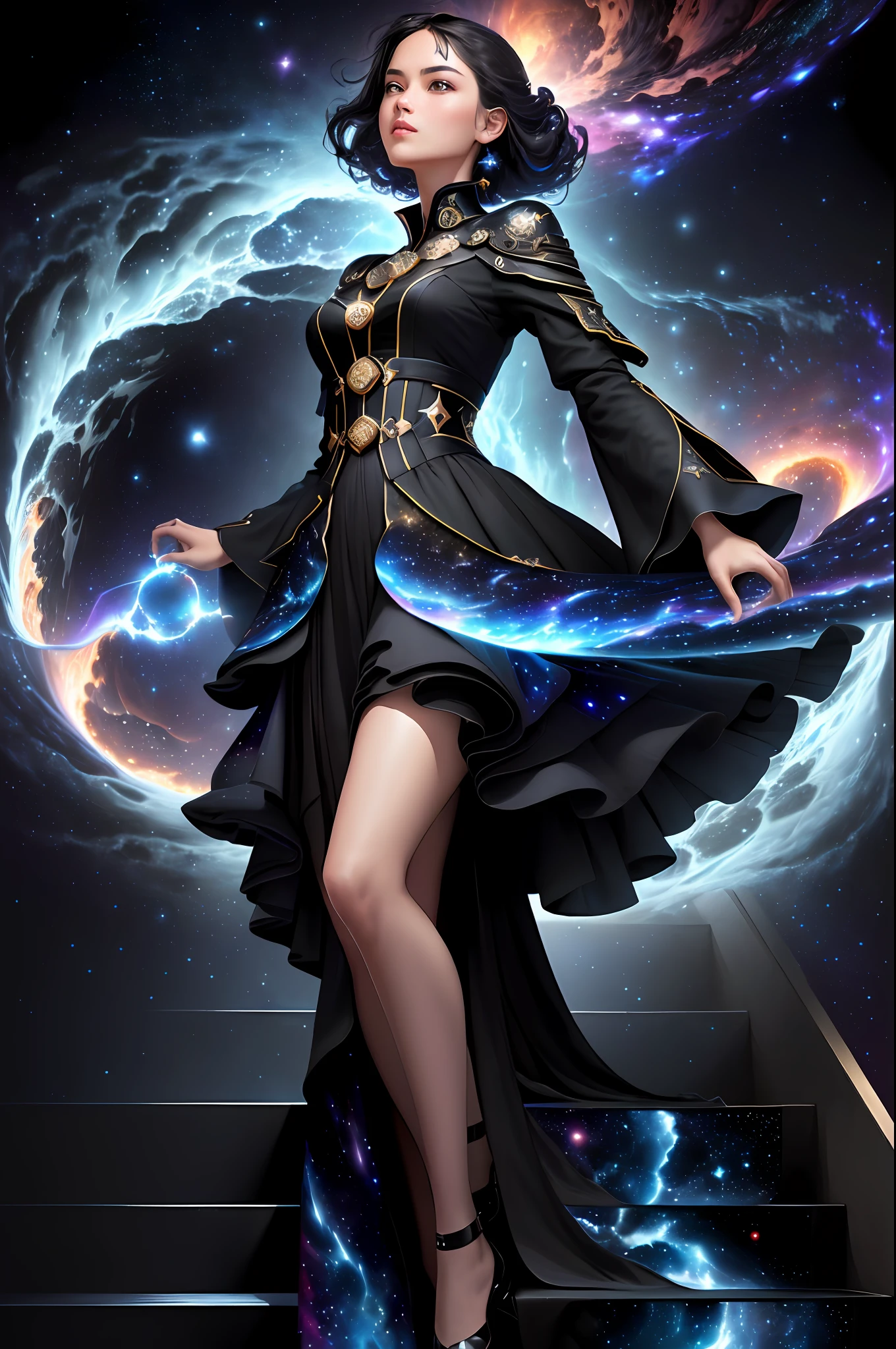 ((best quality)), ((masterpiece)), (high detail), (highres), 8k, staring up into the infinite length of the universe, endless galaxies, , dangerous black holes, exploding super novas, floating stars, endless staircases, star nebulas, cinematic atmosphere, negative dark mode, mc escher, art by senseijaye, matrix atmosphere, digital code swirling, matte painting