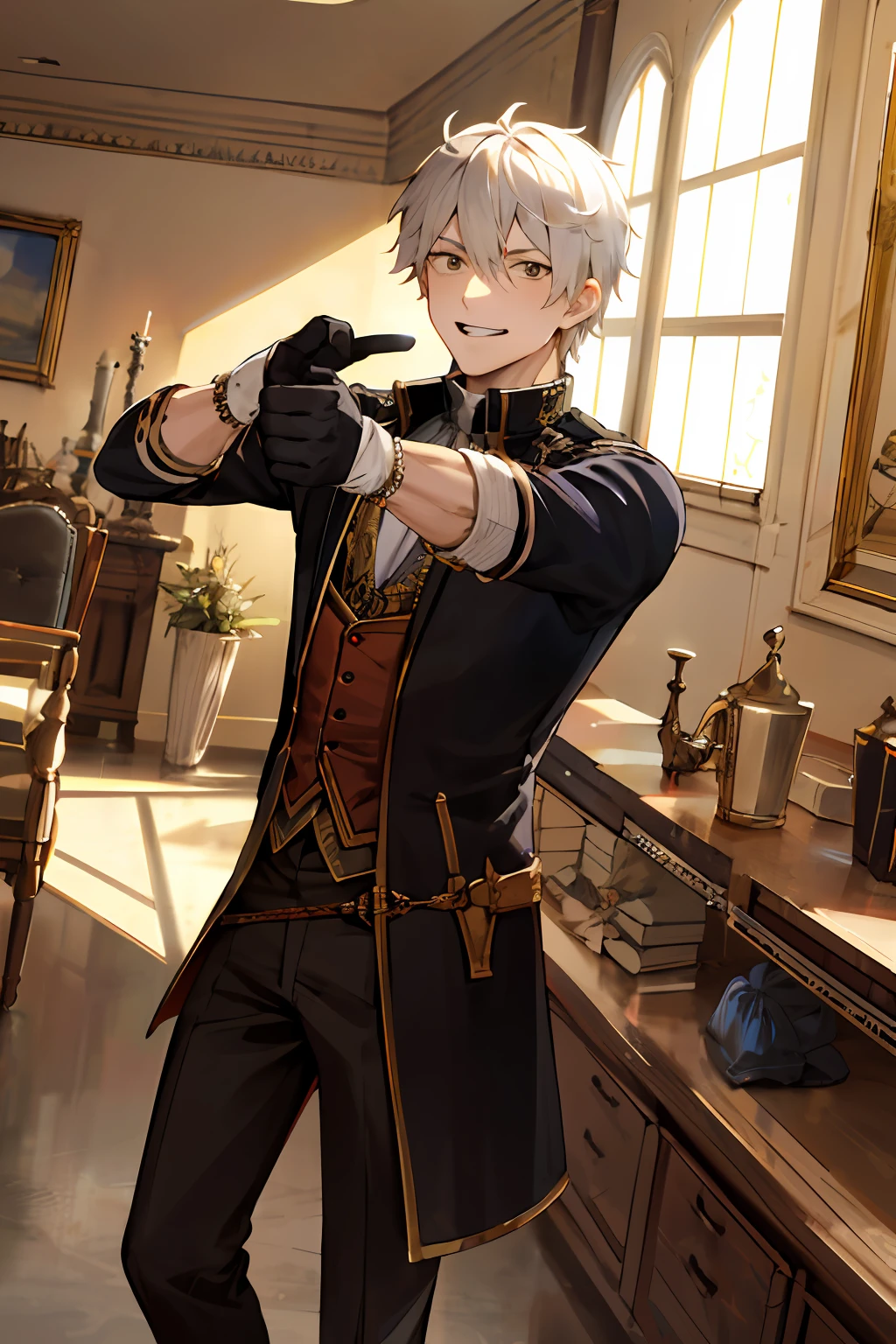 Homem, alto, forte, 8k, highes definition, loiro, anime, sorriso, insano, cabelos loiros, RPG, roupas pretas, vestes de gala, lmde frente, alta resolução, smoker, cachecol
, Mago, olhando para espectador, standding