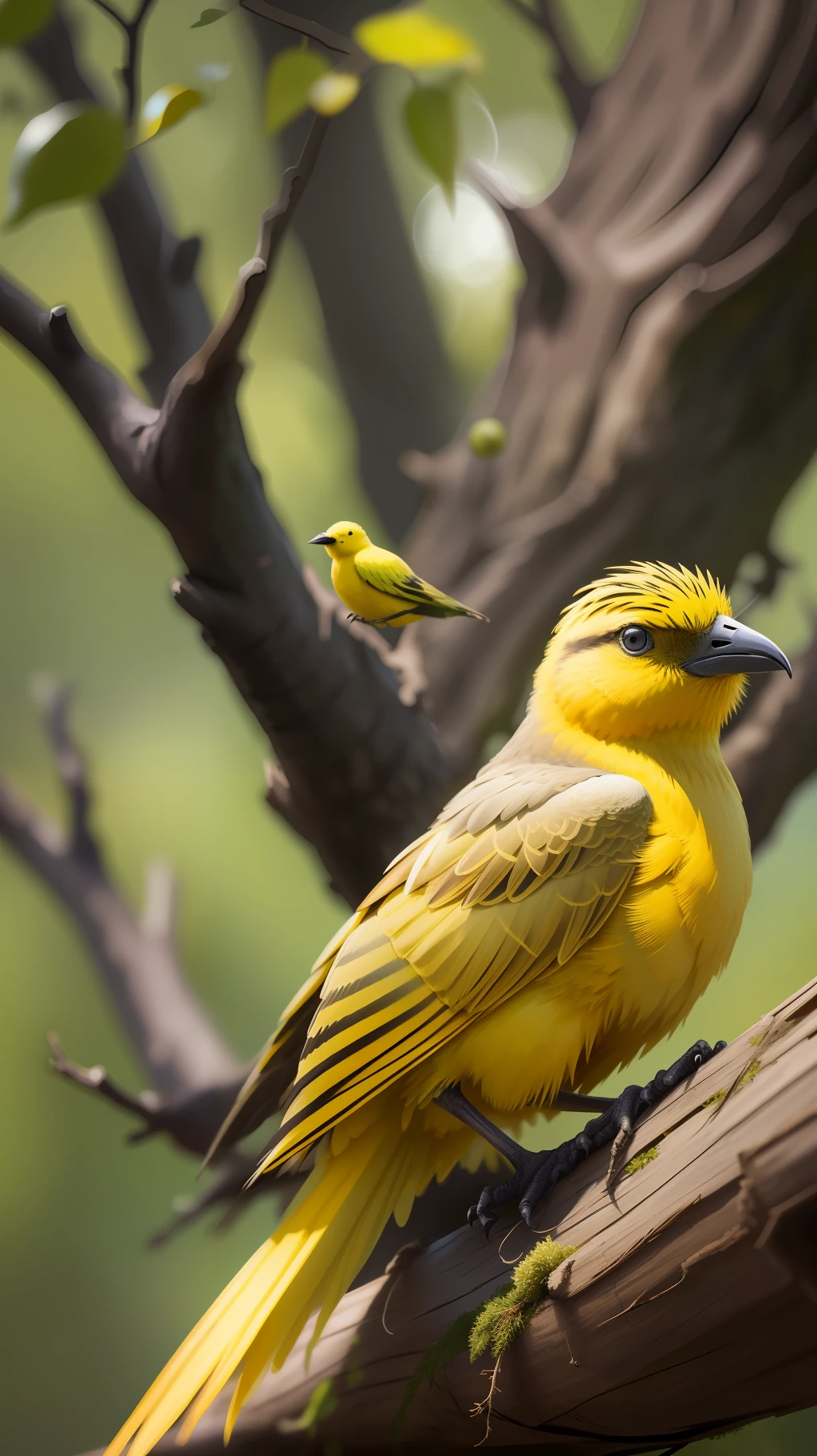 Yellow bird sitting in the dead tree,yellow bird,high resolution,high quality,dark background