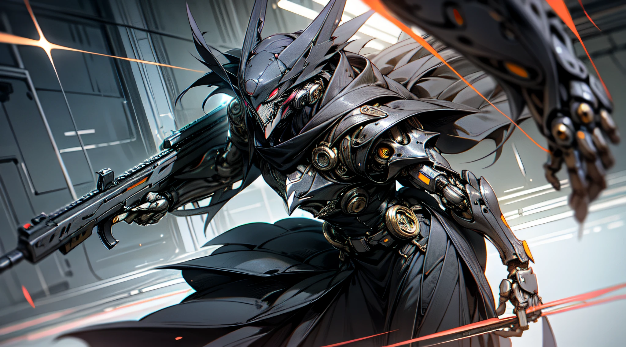 (Homem em um traje de peste black futuristic:0.9), (raven mask:1.1), (rifle:1.3), (Cyber futuristic environment:1.4), (bright and contrasting lighting:0.2), (Dynamic shooting angle:1.3), (contraste de fundo escuro:0.1), (Realismo:1.1), Escuro_fantasia,corvo Cyberpunk,(motosserra,homem vestido de corvo,portanto: 1.1),1 homem,Mechanical wonder of steel,robotic presence,cybernetic guardian, wearing a worn mechanical suit, intrincado, (steel metal [enferrujado]), elegante, Foco claro , Filmado por Greg Rutkowski, gentle illumination, cores vibrantes, obra-prima, ((rua)), Tiroteio de Cowboy, dinamic pose, ciencia_fiction, Large katana in hands, katana mecanica roxa, propriedade_espada, lembrando vagamente de um  aparencia de anjo caido,
