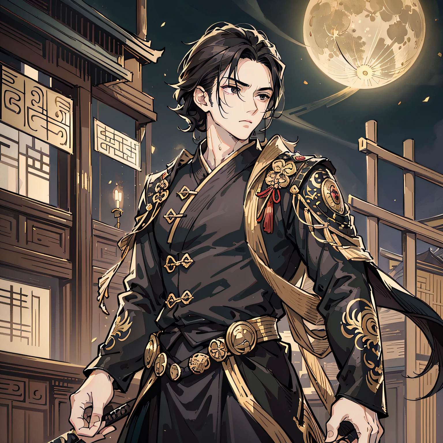 Masterpiece, Excellent, Outdoor, Night, Full Moon, Lakeside, Branches, 1 Man, Mature Male, Chinese Style, Ancient Chinese, Black Hair, Black Eyes, Long Split Hair, Long Bangs, Handsome, Handsome, Masculine, Gentle, Tall, Calm, Black and Gold Mixed Dragon Pattern Prince, A Sword, Delicate Facial Display