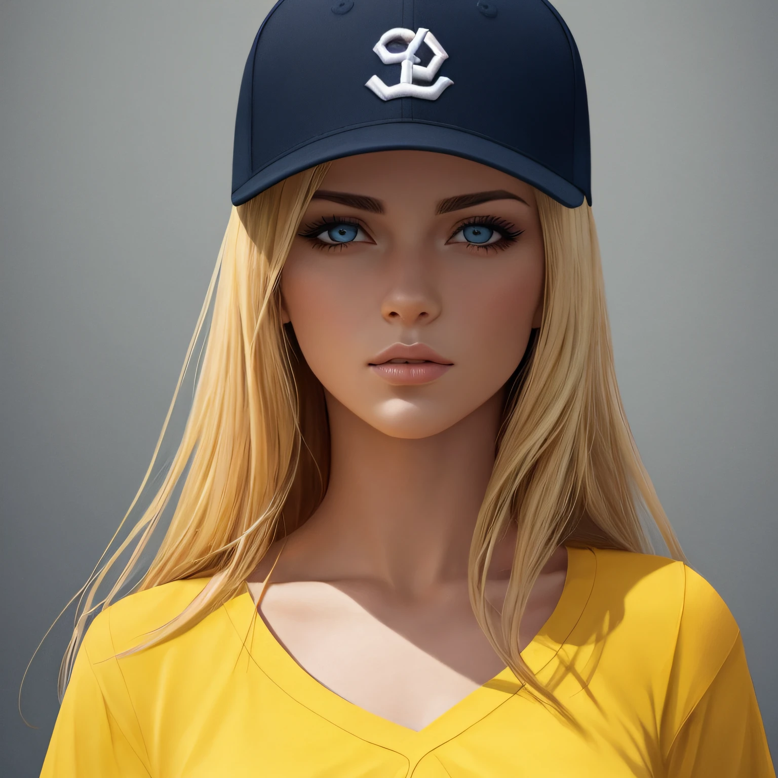 Imagem de uma mulher com cabelo loiro, dark eyes wearing a baseball cap and yellow shirt, estilo hiper realista, Realistic, mulher amarela bonita, hyper realistic illustration, stunning illustration, photorealistic illustration, retrato ultra detalhado, estilo fotorrealista --auto