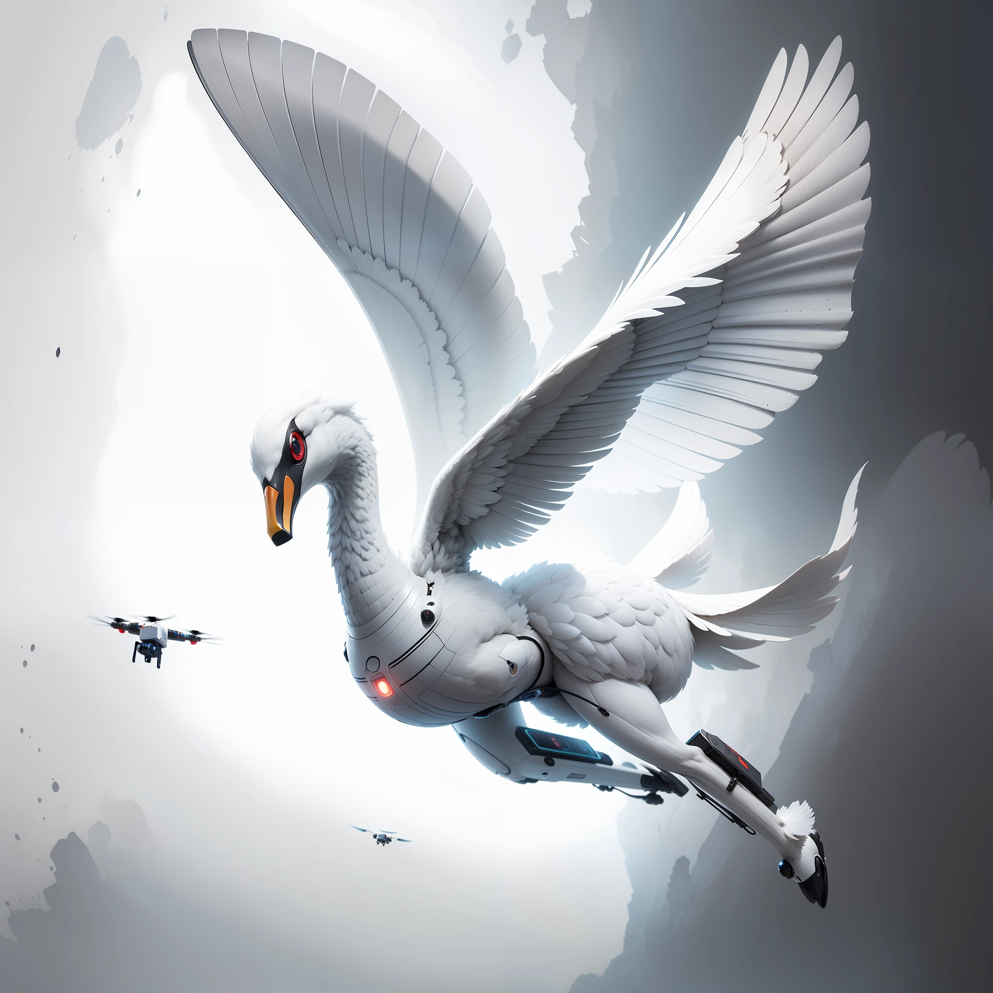 The Nano-Swan Drone is a marvel of advanced technology, combining the grace of a swan with the precision of nanotechnology. It is a small, sleek drone with a streamlined body resembling the elegant form of a swan in flight. The drone is constructed from lightweight, metallic materials, allowing for swift and agile movements.
Its wings, crafted with intricate detail, are made of ultra-thin yet durable nano-fibers. These wings possess the ability to morph and reshape, adapting to the drone's immediate needs. They can expand to catch air currents for gliding or fold tightly against its body for rapid, agile maneuvers.
The Nano-Swan Drone's head features a streamlined design with a pair of large, piercing sensor eyes that glow with a soft, cyan light. These sensors provide advanced visual capabilities, allowing the drone to scan its surroundings and track targets with remarkable precision.
Strategically positioned on the drone's body are a series of micro-thrusters that emit a faint blue propulsion glow. These thrusters provide the necessary propulsion for the drone to navigate through various environments, whether it be open skies, narrow corridors, or complex obstacles.
Mounted beneath the drone's body are a set of retractable nano-talons, sharp and agile enough to grasp objects with delicate precision or defend against threats when necessary. These talons are capable of extending and retracting swiftly, allowing the Nano-Swan Drone to adapt to different situations on the fly.
Overall, the Nano-Swan Drone exemplifies the seamless fusion of nature-inspired design and advanced technology. Its elegant appearance, coupled with its exceptional maneuverability and versatile capabilities, make it an impressive and eye-catching subject. --auto