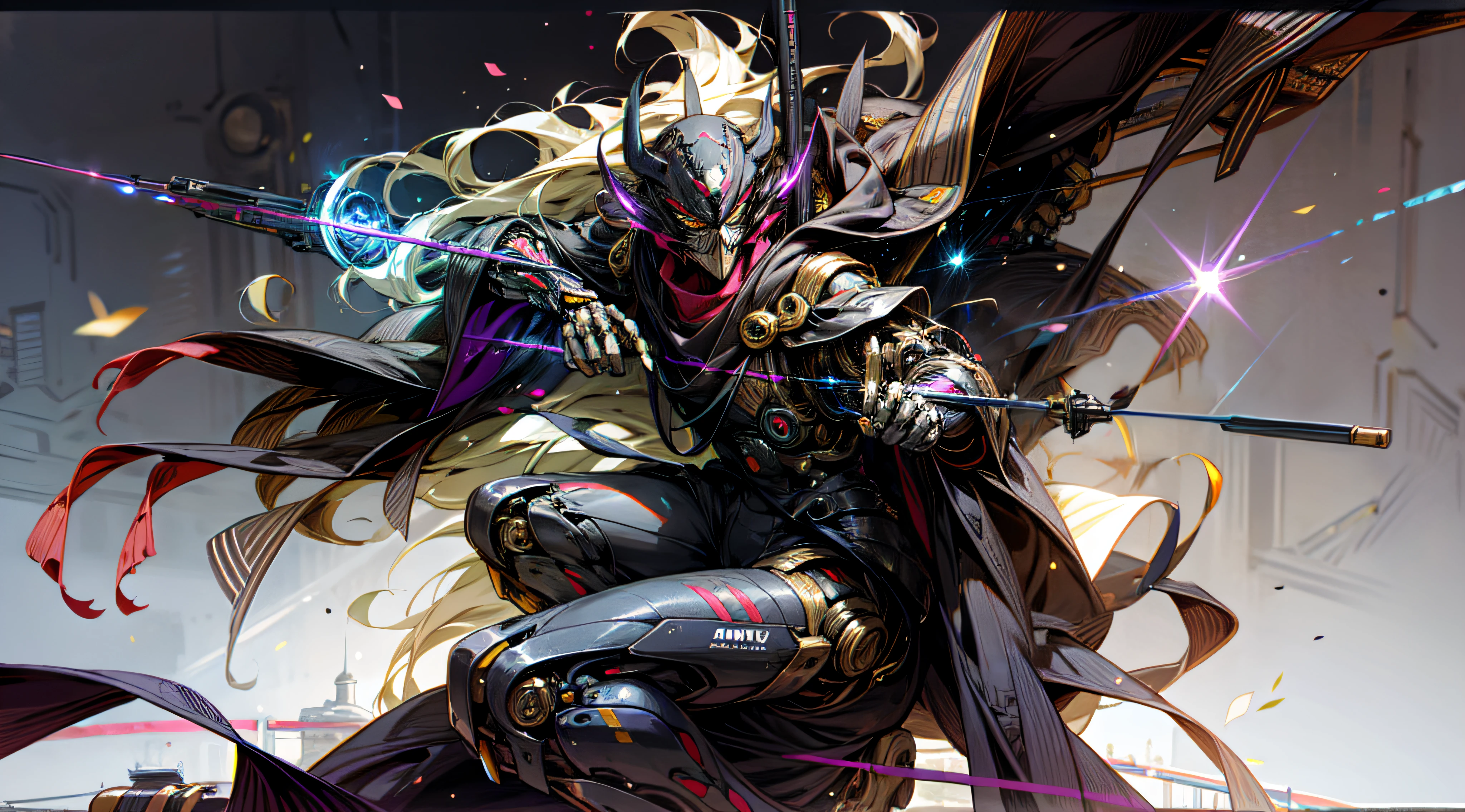 (melhor qualidade, arte em detalhes ultra-realistas, papel de parede CG unity em 8k), ciborgue, mechanical arm katana shape, com detalhes dourados, dynamic positioning, luz suave, fundo futurista em um tom azul resplandecente.