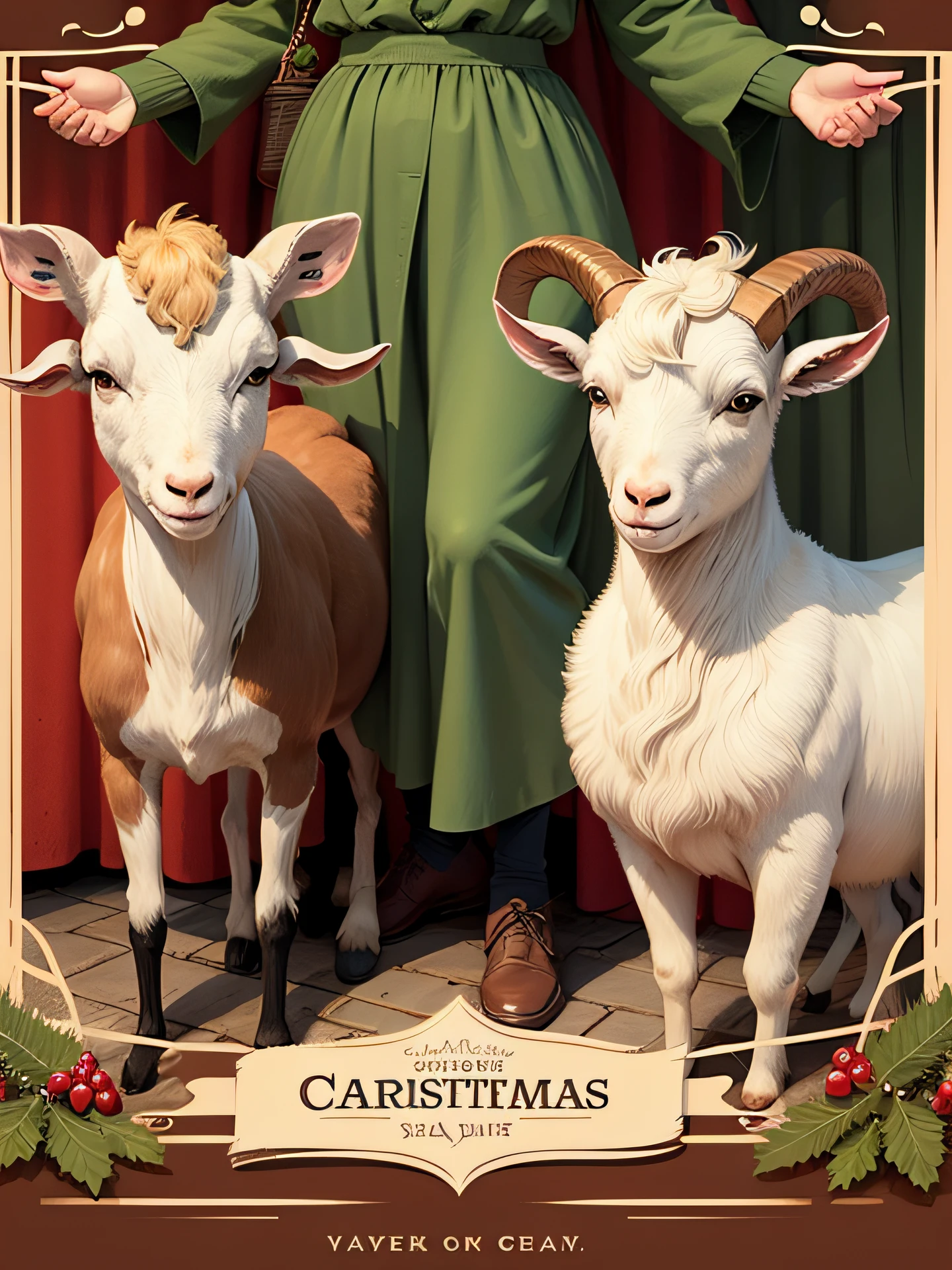 comic book! goat! --no anime!! --no anime!!! vintage, antique, illustrated Christmas card, image centered inside wide border around all four sides, vertical rectangle, drawn vertically, in the style of Kate Greenaway!, extra highly detailed drawing, simple, flat!, vector art!--no shadows, illustration! red, green, brown, --auto