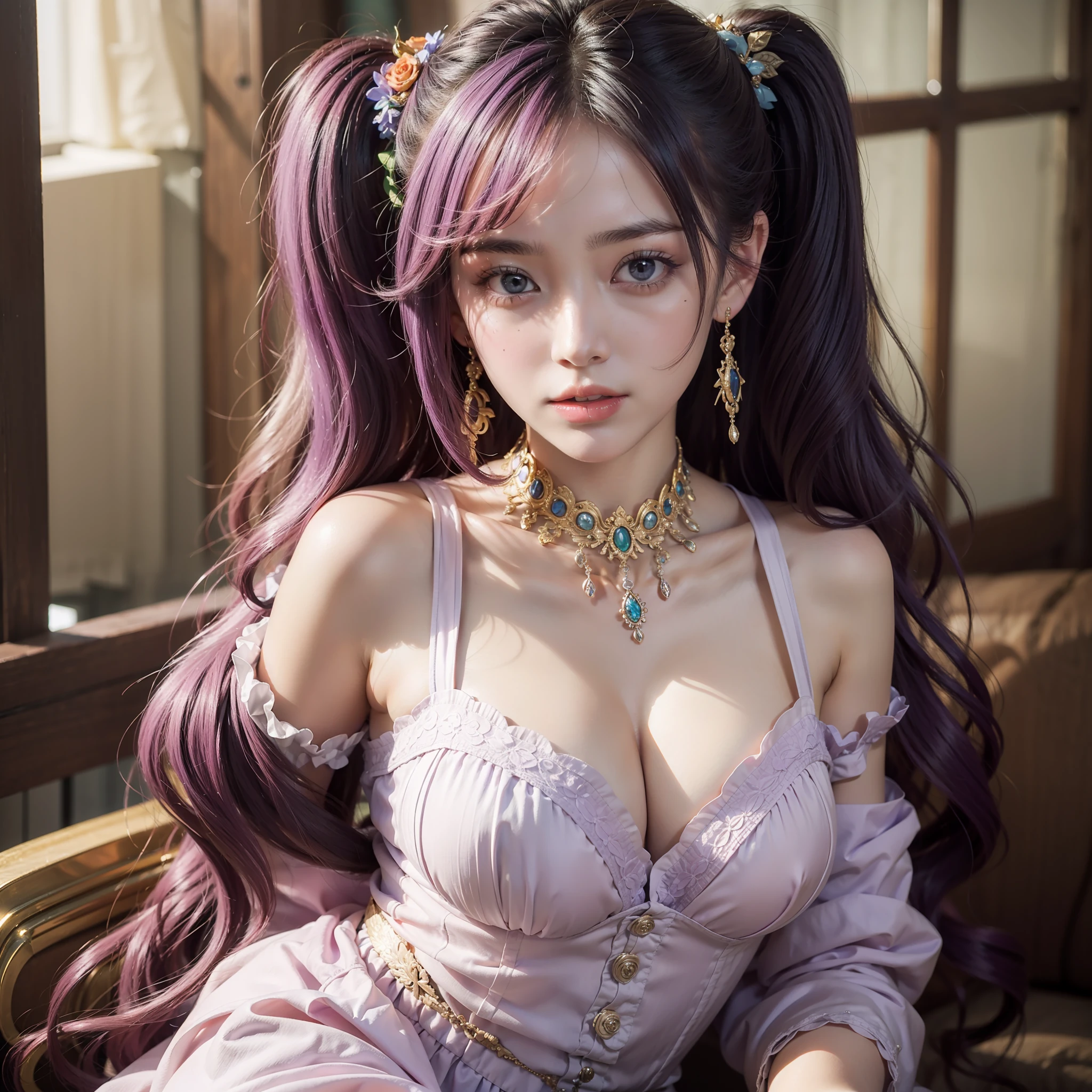Colorful hair(Purple and orange gradient)、twintails、a beautiful lady、Eyes that seem to be sucked in、Official art、шедевр、Extremely delicate modeling、beste-Qualit、realphoto、8K image、hiquality、big chest out、Princess、ornate dress、Luxurious ornaments、
