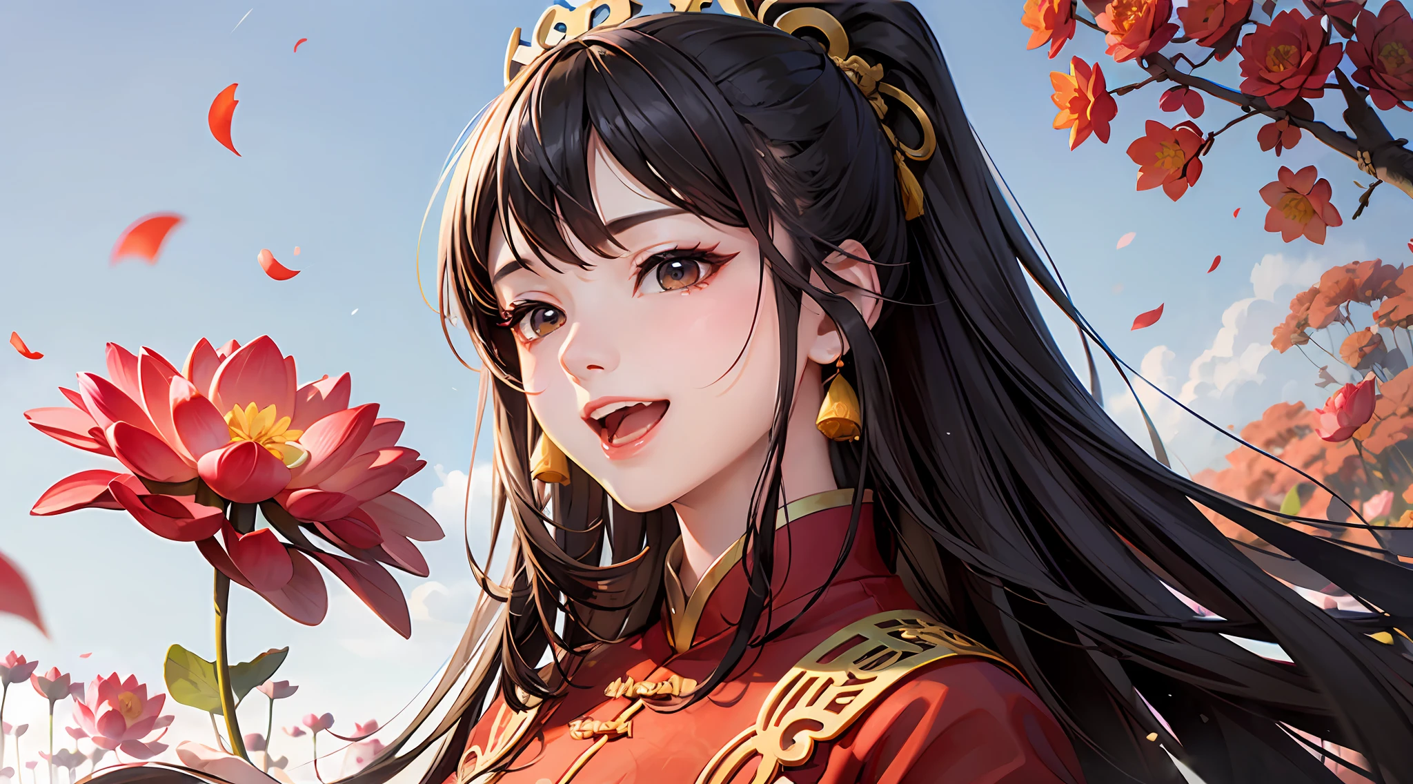 China-style,having fun,laughingly,eyes with brightness,lotus flower