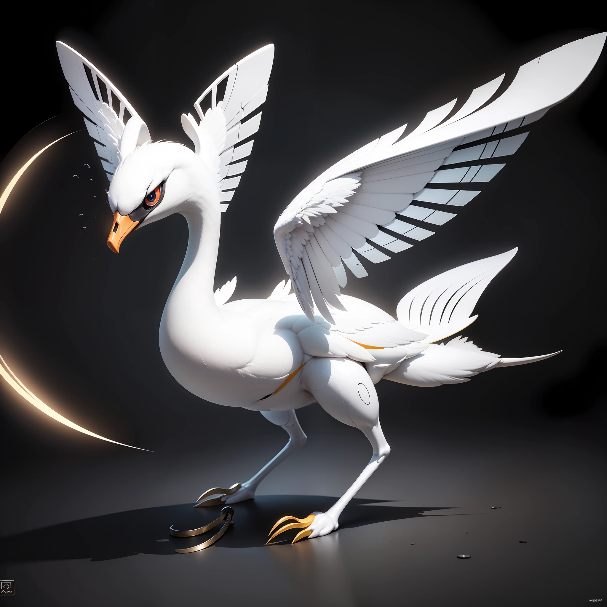 The Nano-Swan Drone is a marvel of advanced technology, combining the grace of a swan with the precision of nanotechnology. It is a small, sleek drone with a streamlined body resembling the elegant form of a swan in flight. The drone is constructed from lightweight, metallic materials, allowing for swift and agile movements.

Its wings, crafted with intricate detail, are made of ultra-thin yet durable nano-fibers. These wings possess the ability to morph and reshape, adapting to the drone's immediate needs. They can expand to catch air currents for gliding or fold tightly against its body for rapid, agile maneuvers.

The Nano-Swan Drone's head features a streamlined design with a pair of large, piercing sensor eyes that glow with a soft, cyan light. These sensors provide advanced visual capabilities, allowing the drone to scan its surroundings and track targets with remarkable precision.

Strategically positioned on the drone's body are a series of micro-thrusters that emit a faint blue propulsion glow. These thrusters provide the necessary propulsion for the drone to navigate through various environments, whether it be open skies, narrow corridors, or complex obstacles.

Mounted beneath the drone's body are a set of retractable nano-talons, sharp and agile enough to grasp objects with delicate precision or defend against threats when necessary. These talons are capable of extending and retracting swiftly, allowing the Nano-Swan Drone to adapt to different situations on the fly.

Overall, the Nano-Swan Drone exemplifies the seamless fusion of nature-inspired design and advanced technology. Its elegant appearance, coupled with its exceptional maneuverability and versatile capabilities, make it an impressive and eye-catching subject. --auto
