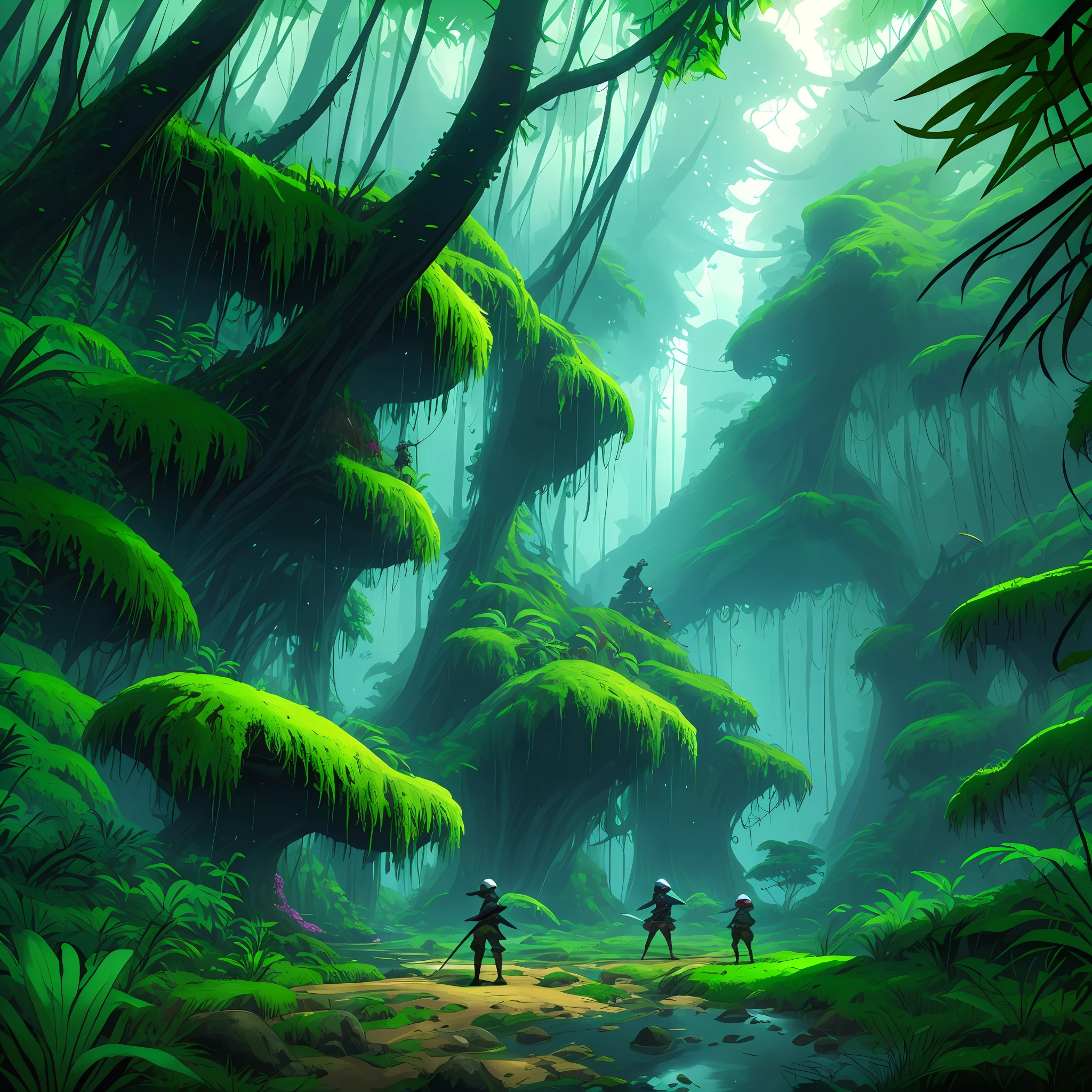 Stilo anime,A young knight battling a female slime in a nearly dead jungle,4k --auto