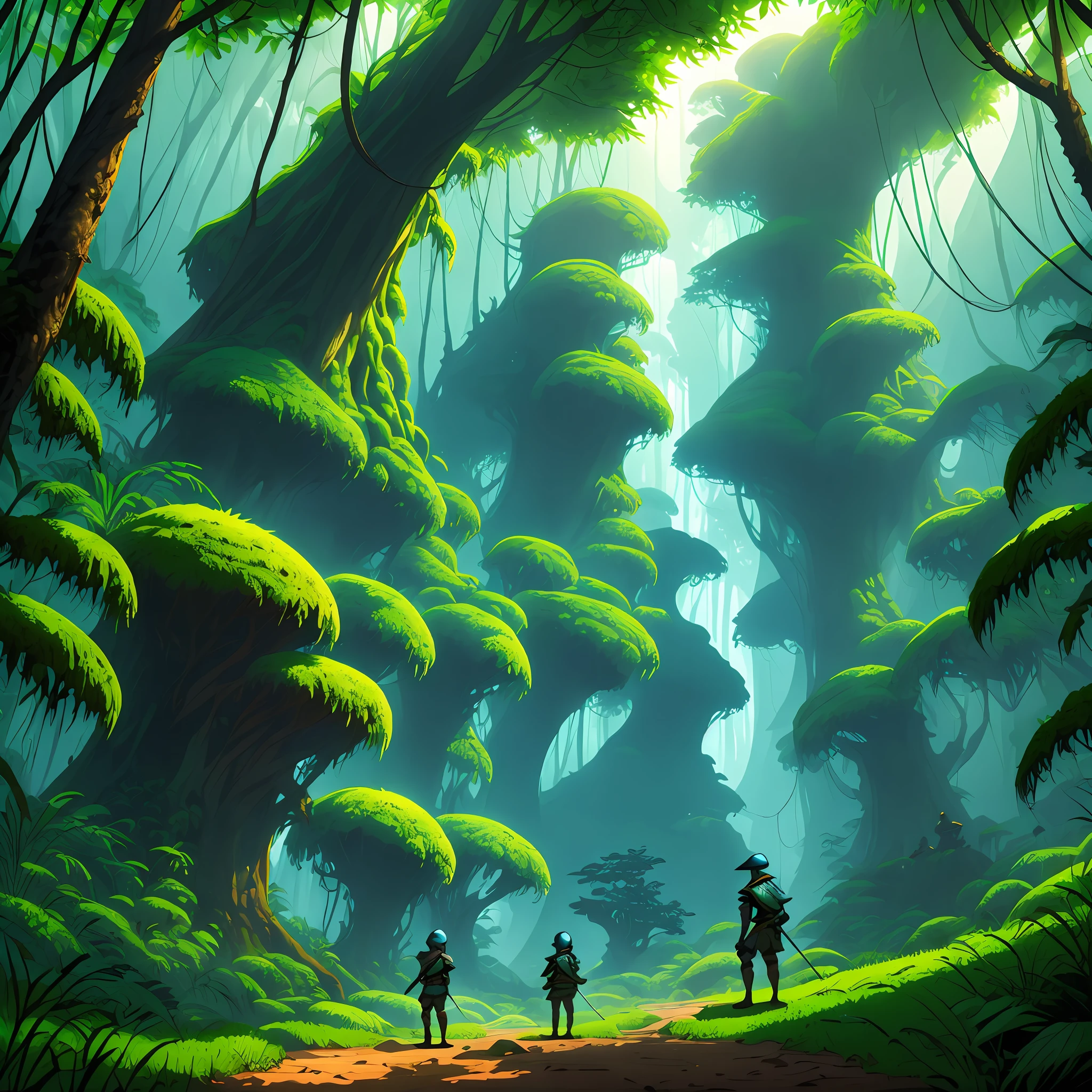 Stilo anime,A young knight battling a female slime in a nearly dead jungle,4k --auto