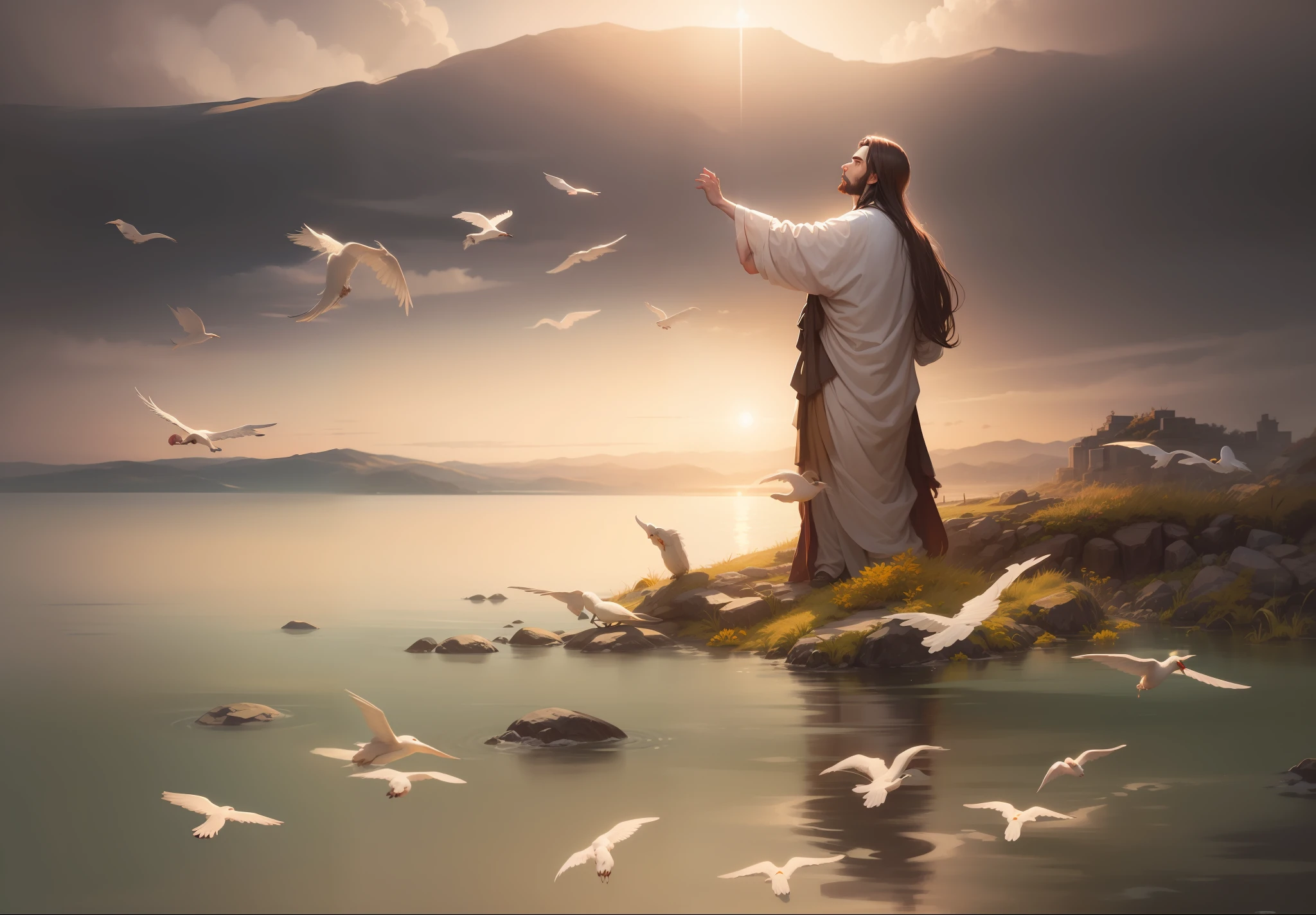 Jesus with a serious and determined expression , arte conceitual de Jesus Cristo, Personagem de corpo inteiro, arte conceitual do personagem, Jesus Cristo vestindo roupas celestiais brancas com pedras de safira, Deus vestindo traje espacial branco com pedras de safira e capa branca longa, Jesus Cristo como rei do universo, cosmos refletindo em sua coroa, Jesus como Deus, Anime, anime art, manga manuscript, colorful manga, seamless art