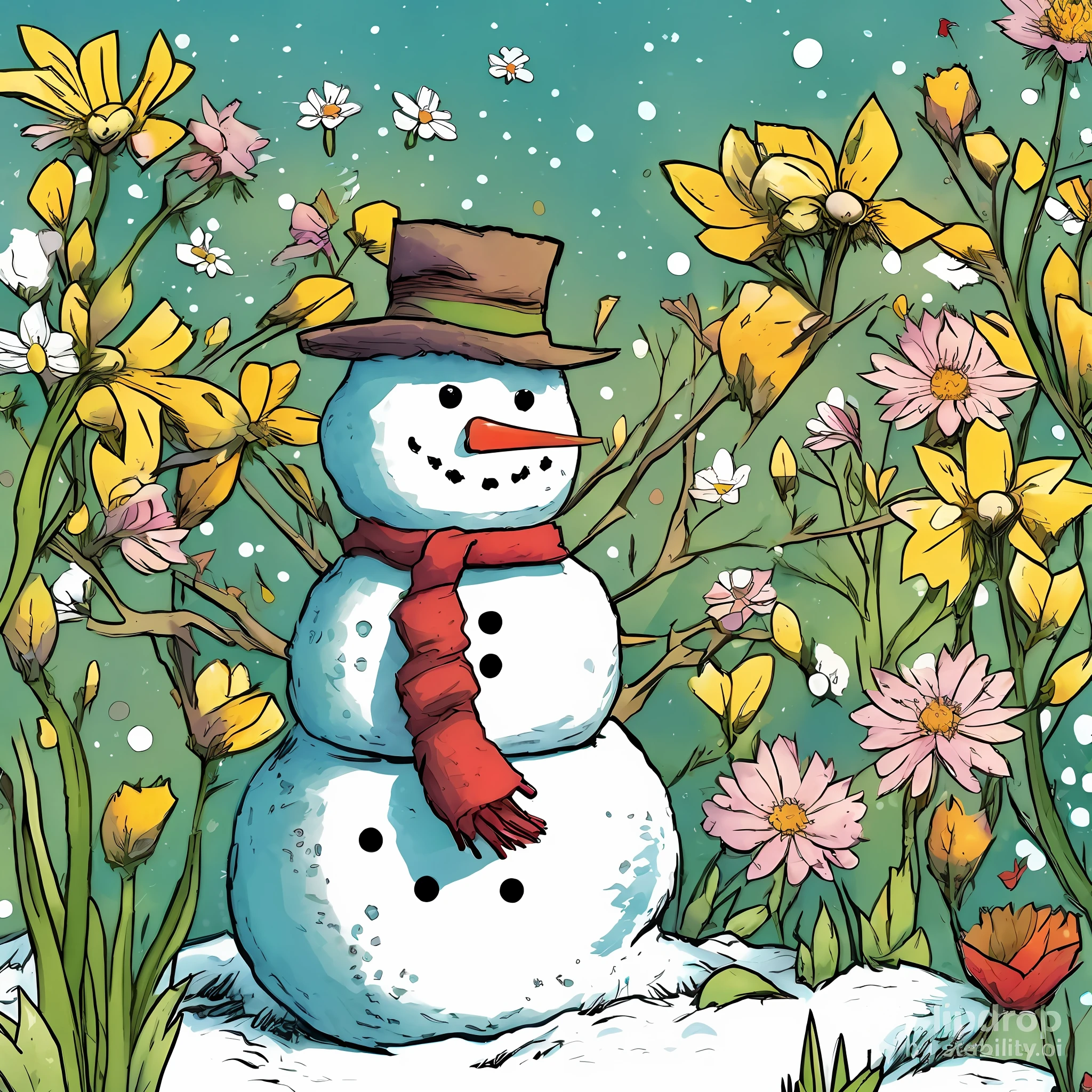 there is a snowman that is standing in the snow, full color illustration, frosty, illustration!, full color digital illustration, illustrative art, snowy, colored illustration, cold snow outside, snowy woodland meadow, winter in the snow, warm spring, seasons!! : 🌸 ☀ 🍂 ❄, winter vibrancy, springtime, illustration detailed, inspired by Arthur Burdett Frost