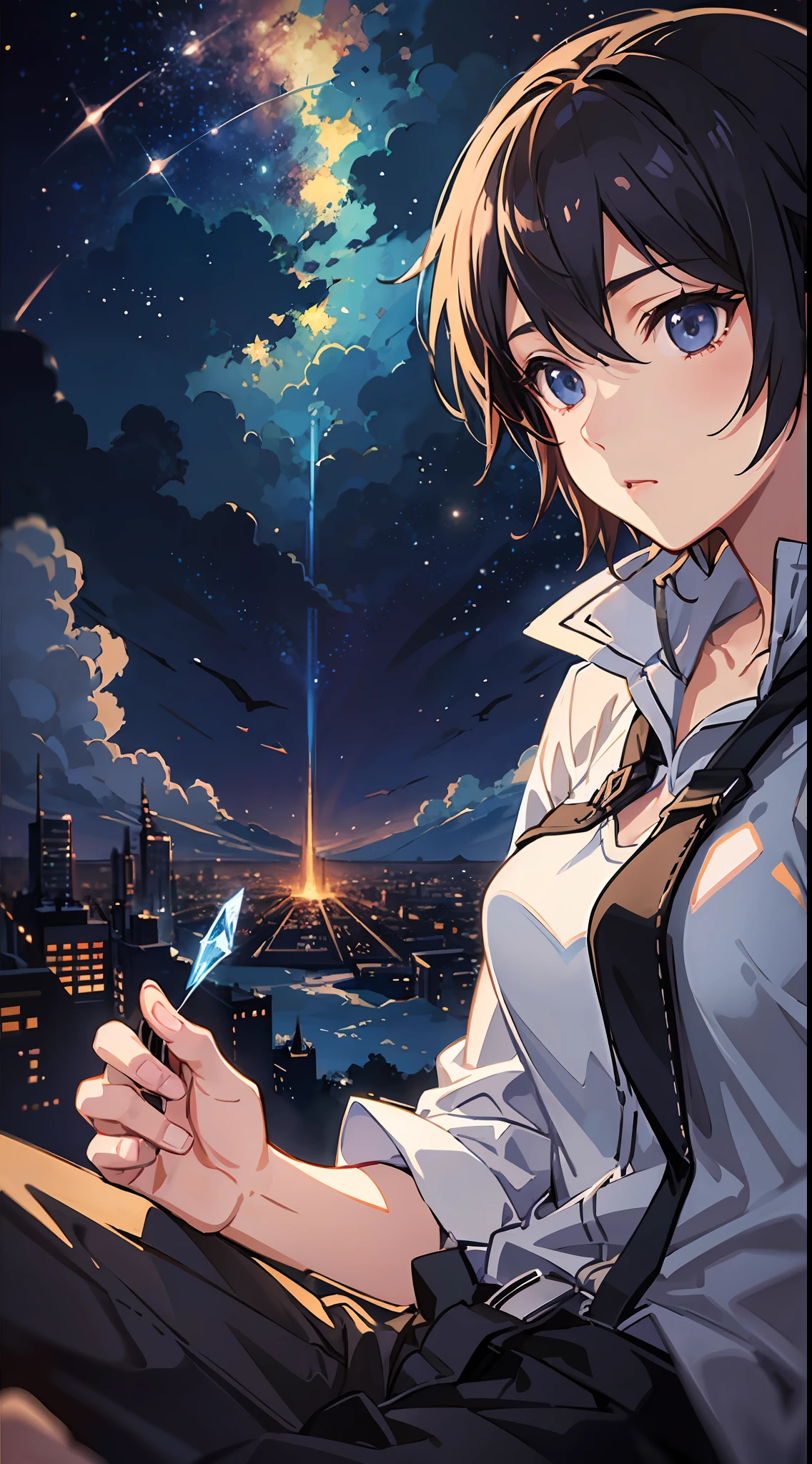 High quality masterpiece ，scenecy，Cool boy sitting in orbit， Glittering starry sky。Romantic train，Pisif，concept-art，Lofi art style，glint。 By Makoto Shinkai, lofi art, beautiful anime scenes, Anime landscapes, Detailed scenery —width 672, in style of makoto shinkai, Makoto Shinkai's style，Detail enhancement。（（Libido boy，Close-up strengthened）），（（Cold，icy look in the eye）），（（Short Hair Hair）），（sitted）