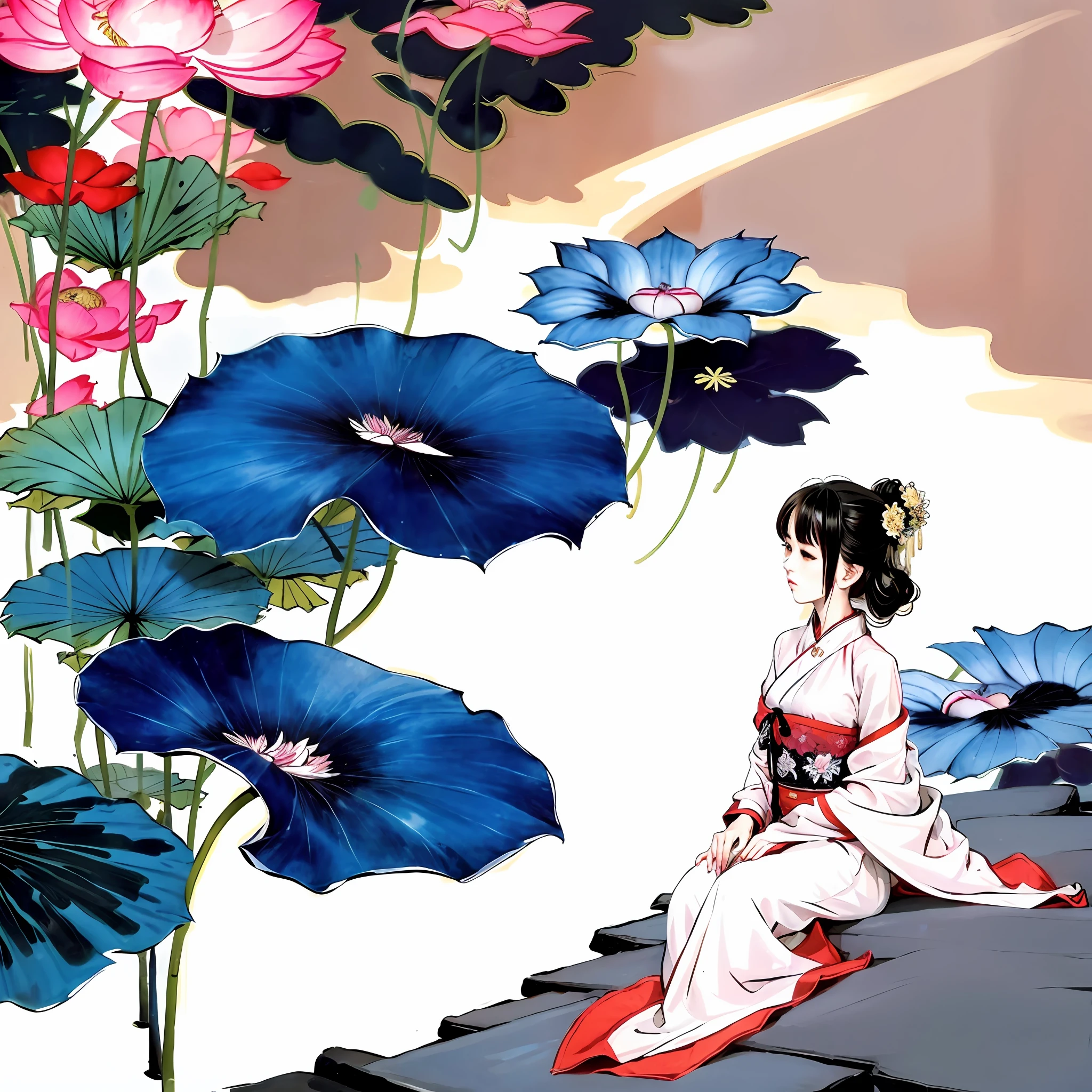 An ancient Chinese beauty sitting on a stone, wearing ancient Chinese clothing, flowing tulle, light silk, lazy posture, large lotus leaf, lotus, ink painting style, clean color, decisive cutting, blank, freehand, masterpiece, super detailed, epic composition, high quality, the highest quality, 4k --v 6