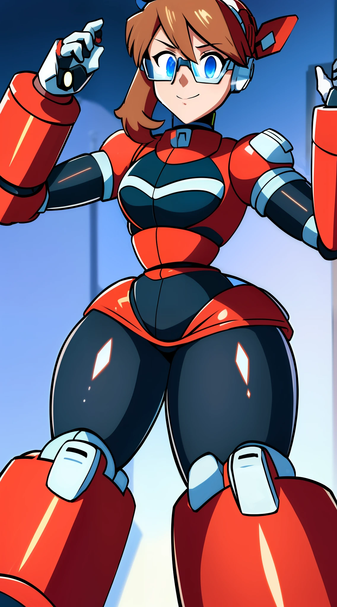 1Girl, Heavily armored, cybernetic heavy armor glasses, arm gloves, knee-height skirt, heavy cybernetic boots, heavy cybernetic arms, heavy cybernetic torso, waist belt, eyes underneath glasses, megamanX heavy armor, bulky megamanX armor, reploid armor, Pokemon_May Face, Brown Hair, Armored cone dress, Extremely Heavy body armor
