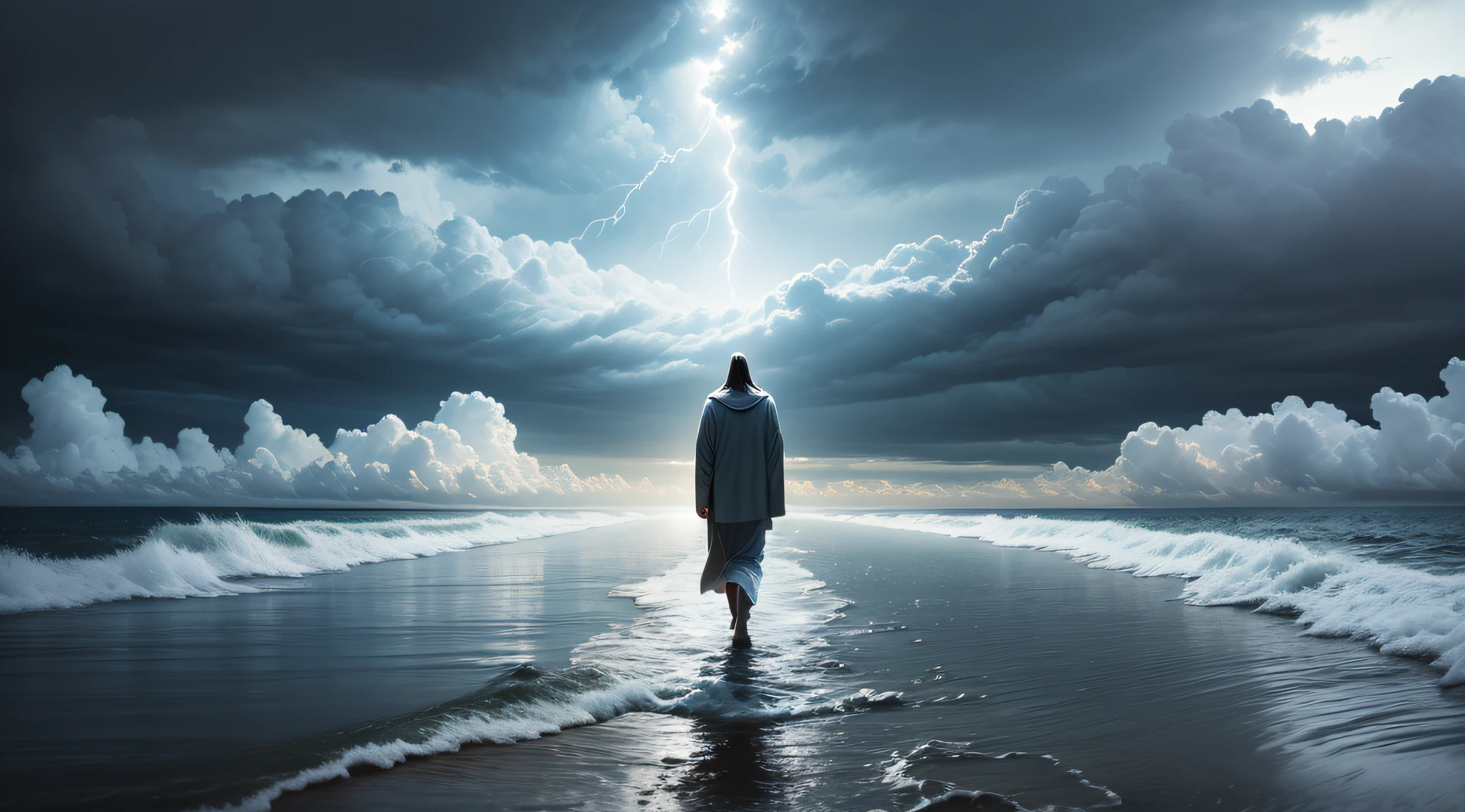 Jesus and Angels by your side walking on water in the midst of a storm, Surrealismo, retroiluminação, cinematiclighting, alta qualidade, detalhes elevados, melhor qualidade, em mundo apocaliptico. --auto