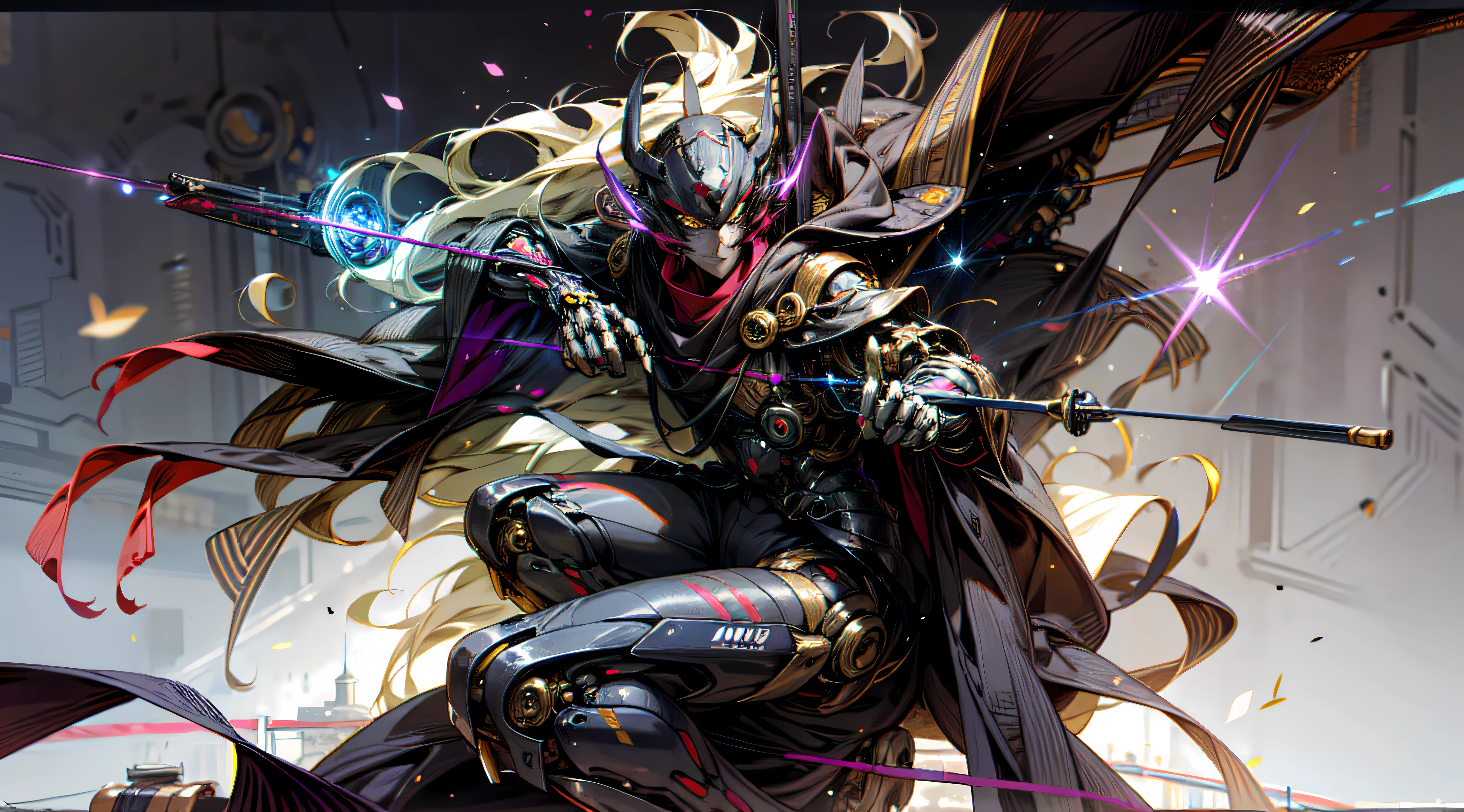 (melhor qualidade, arte em detalhes ultra-realistas, papel de parede CG unity em 8k), ciborgue, mechanical arm katana shape, com detalhes dourados, dynamic positioning, luz suave, fundo futurista em um tom azul resplandecente.